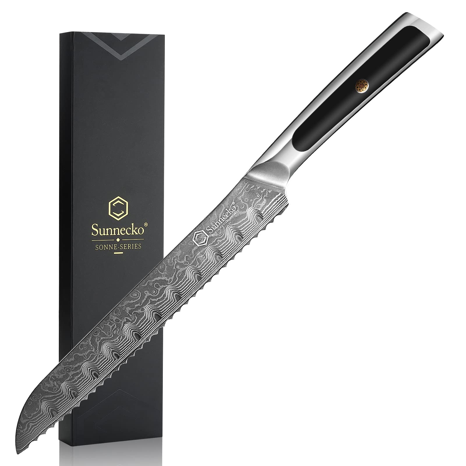 Sunnecko 8-Inch Serrated Bread Knife - 67-Layer VG10 Damascus Steel Blade, Japanese Style Bread Cutting Knife with Ergonomic Handle - Perfect for Homemade Bread, Artisan Loaves, Sourdough, Cakes & Pastries
