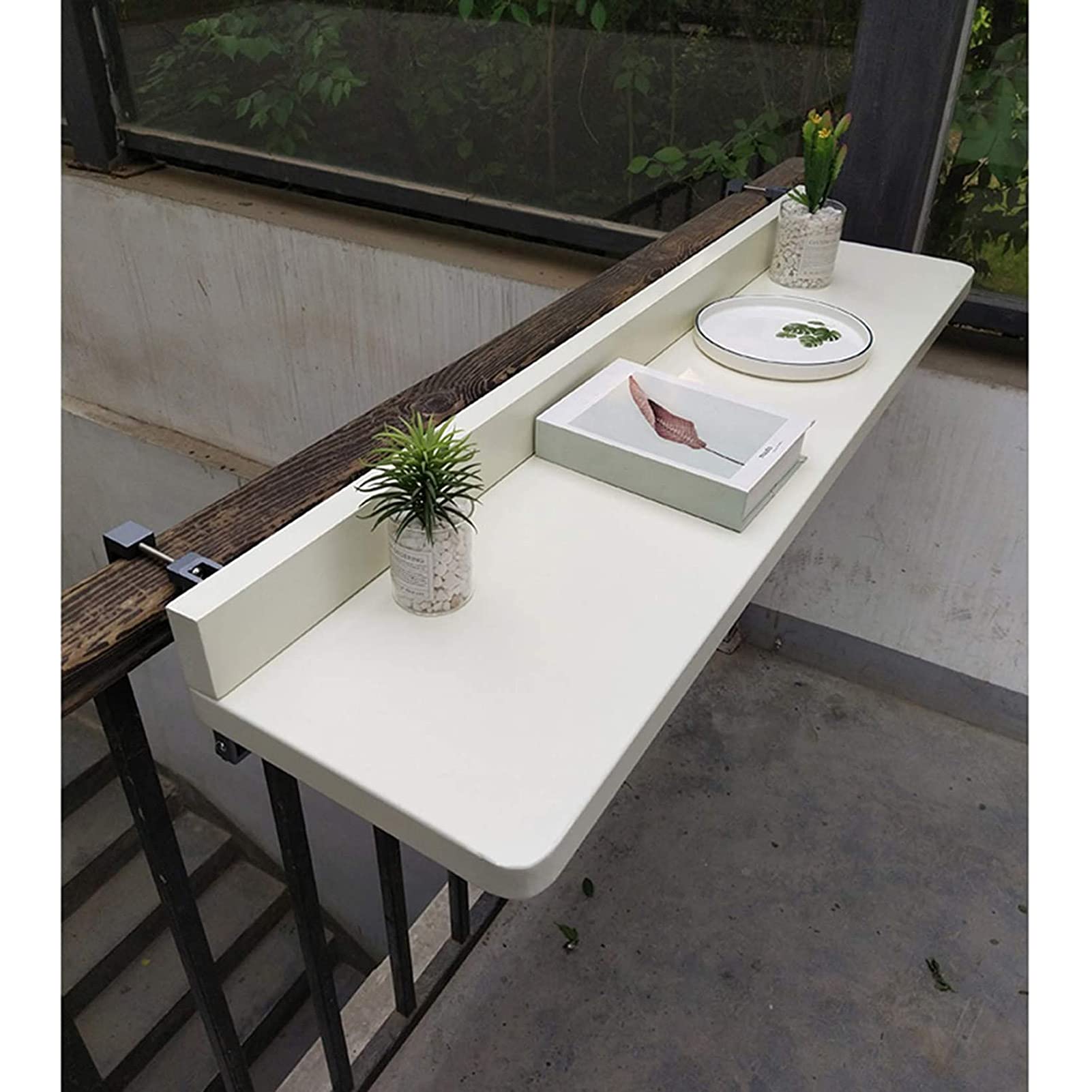 ZQKJLH Outdoor Folding Wall Mounted Table - Adjustable Balcony Hanging Railing Bar Side Table for Deck, Patio & Garden - White 47