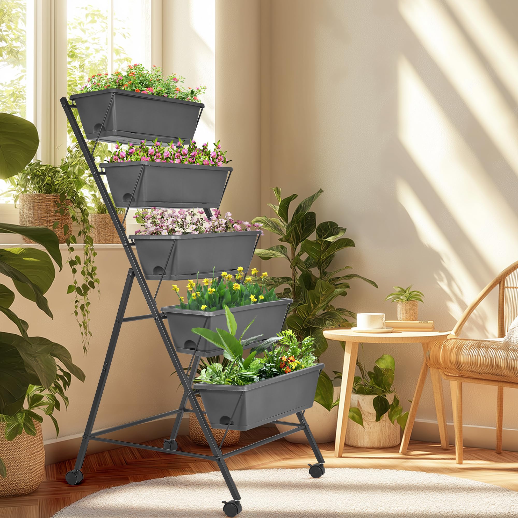 GENMOUS 5-Tier Vertical Raised Garden Bed - 45FT Tall Elevated Planter Box with Drainage Holes & Removable Tray - Outdoor Herb Flower Stand for Patio, Balcony, Porch - Perfect for Small Space Gardening, Urban Farming & Homegrown Vegetables (Black)