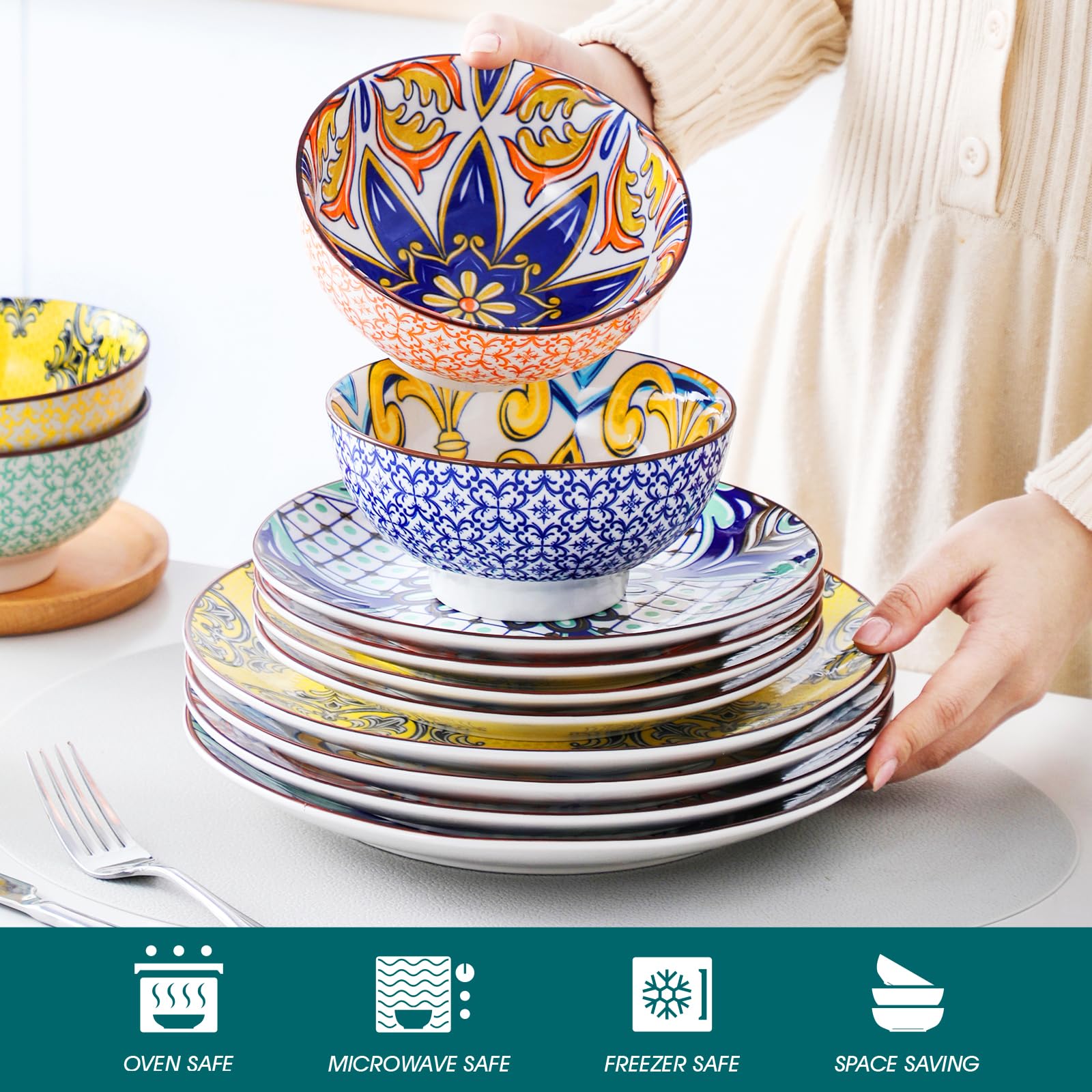 Vancasso 12-Piece Porcelain Dinnerware Set for 4 - Chip Resistant Ceramic Plates & Bowls - Hand-Painted Arabic Style Jasmine Series - Elegant Dining Tableware for Family Meals, Dinner Parties & Restaurant Use