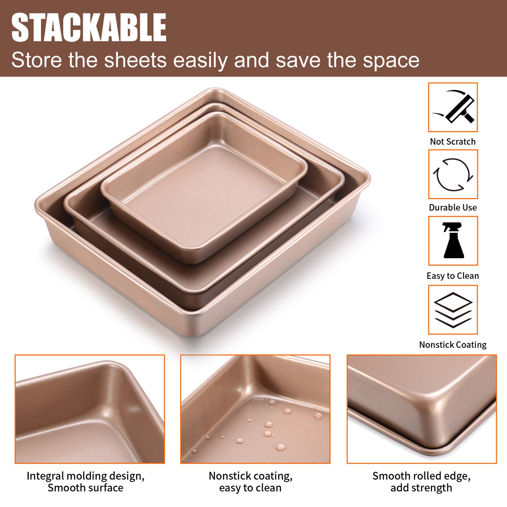 Nonstick Deep Baking Pan Set - 3 Piece Rectangular Cake Bakeware for Oven, Gold (Perfect for Cakes, Brownies & Sheet Pan Meals)