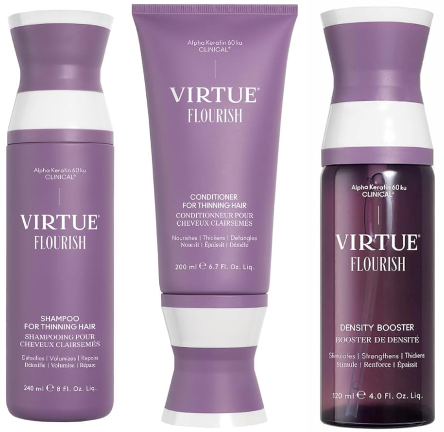 Virtue Flourish Shampoo & Conditioner Set with Density Booster Spray for Fine & Thinning Hair - Sulfate Free, Color Safe - Volumizing Hair Care for Daily Use & Styling