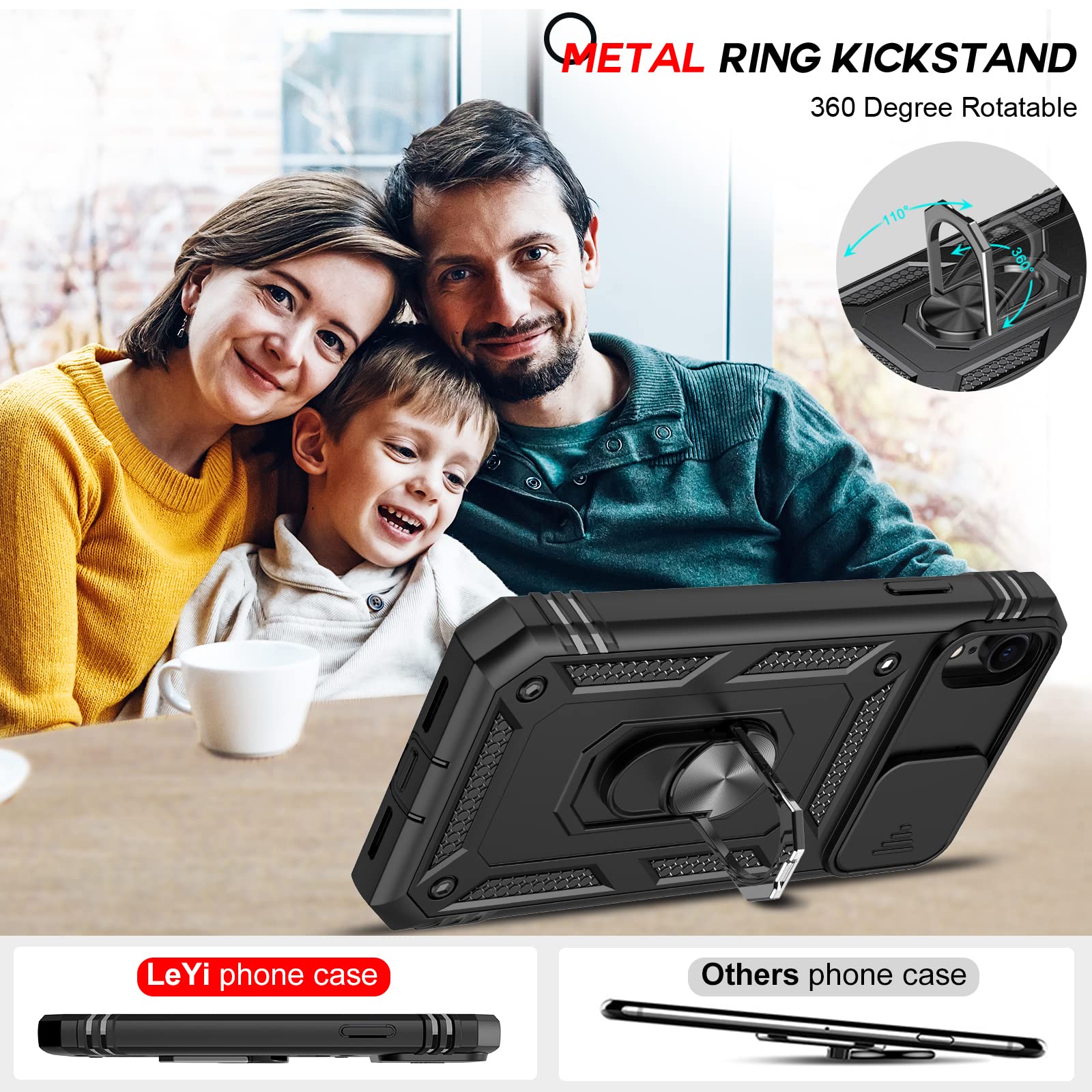 LeYi iPhone XR Case with Slide Camera Cover - Military Grade Full Body Protection + 2 Pack Tempered Glass Screen Protector & Ring Holder - Black | Perfect for Outdoor Activities, Travel and Daily Use