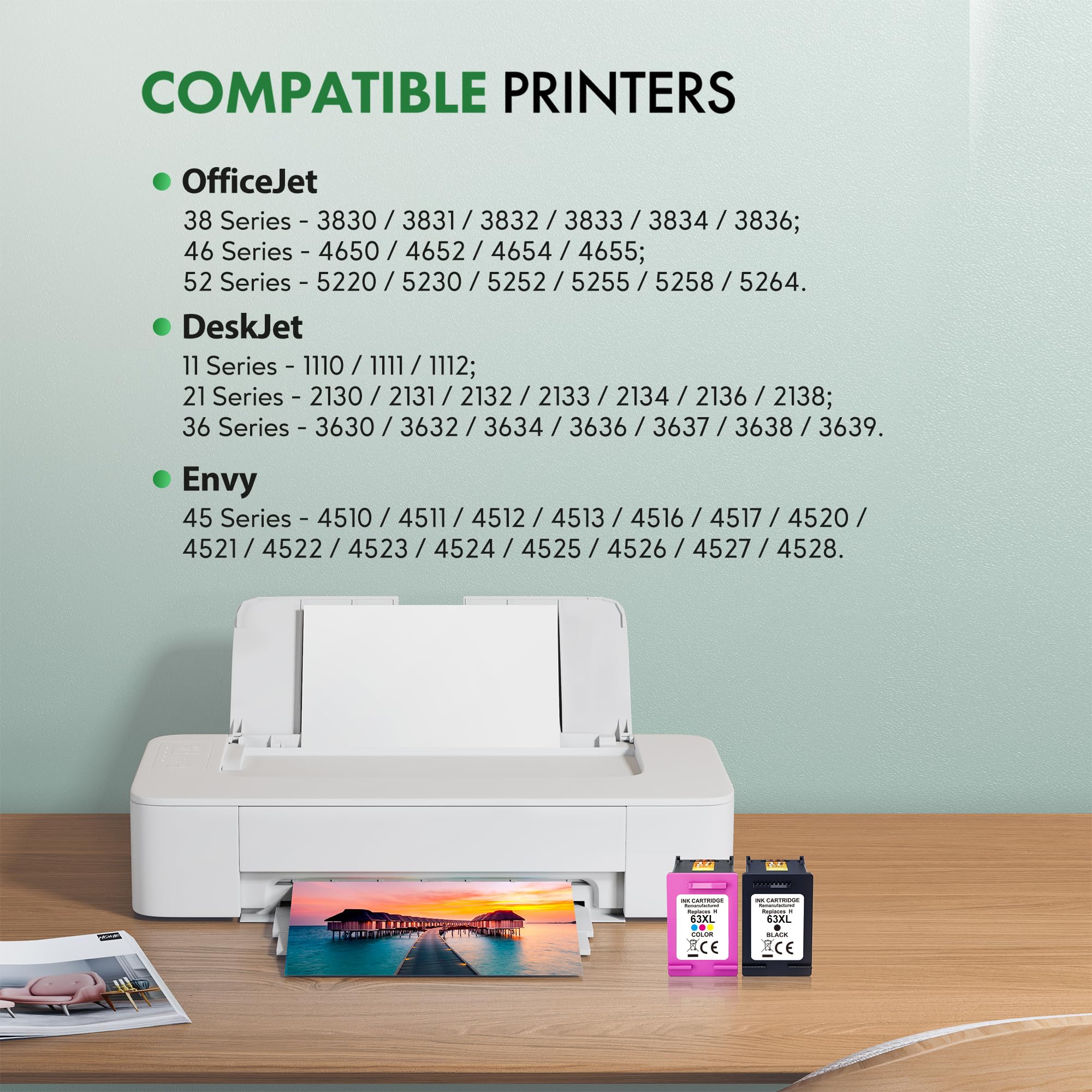High-Quality Remanufactured HP 63 & 63XL Ink Cartridges - Compatible with OfficeJet 3830/4650/4655/5255/5258/5200, Envy 4510/4520, DeskJet 1110/3630 Printers (1 Black + 1 Tri-Color Pack) - Perfect for Home Office Printing, School Projects & Small Business Documents