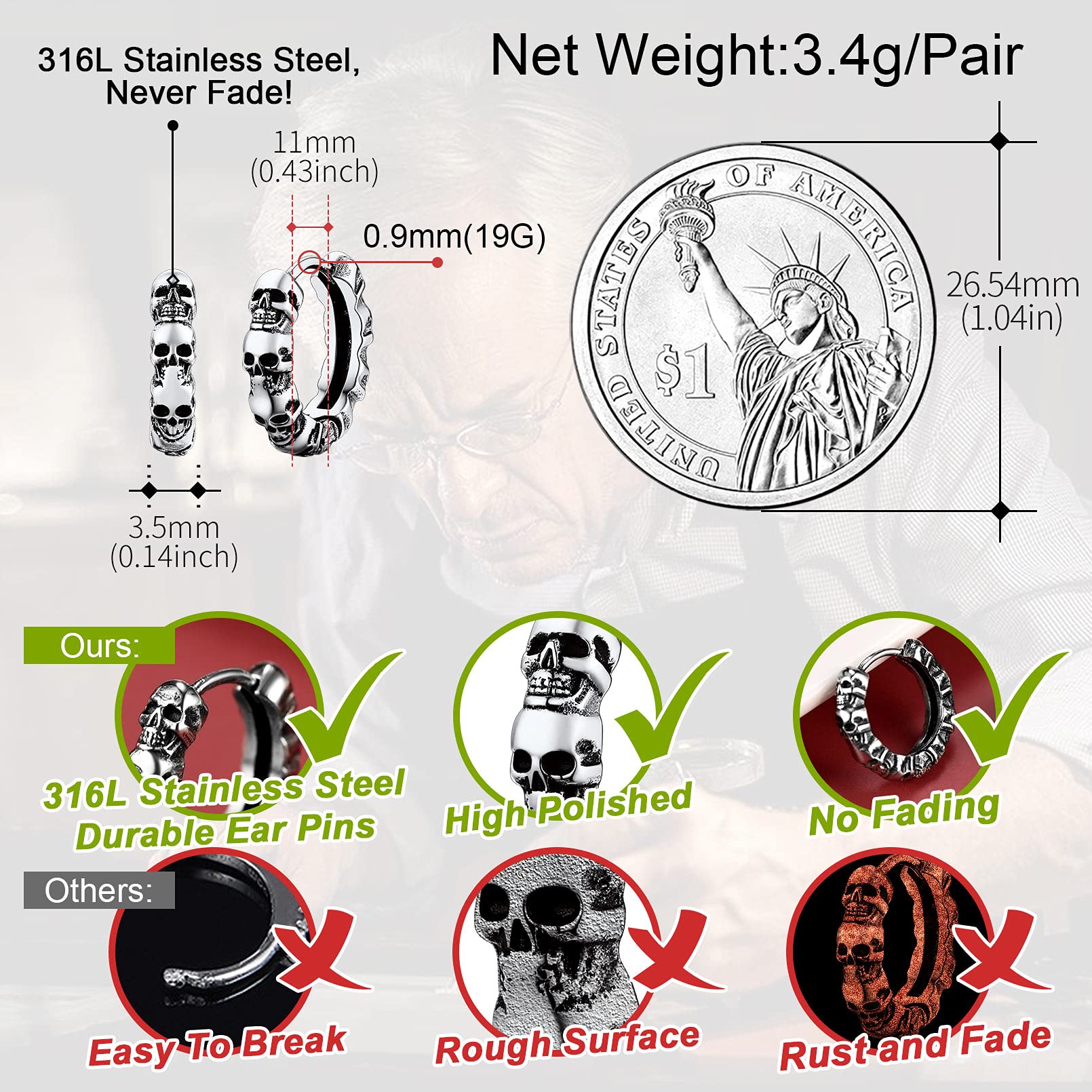 FaithHeart Skull Hoop Earrings for Men - Silver/Black/Gold Stainless Steel Huggie Earrings - Lightweight Hypoallergenic Jewelry for Sensitive Ears - Perfect for Punk, Gothic & Everyday Wear