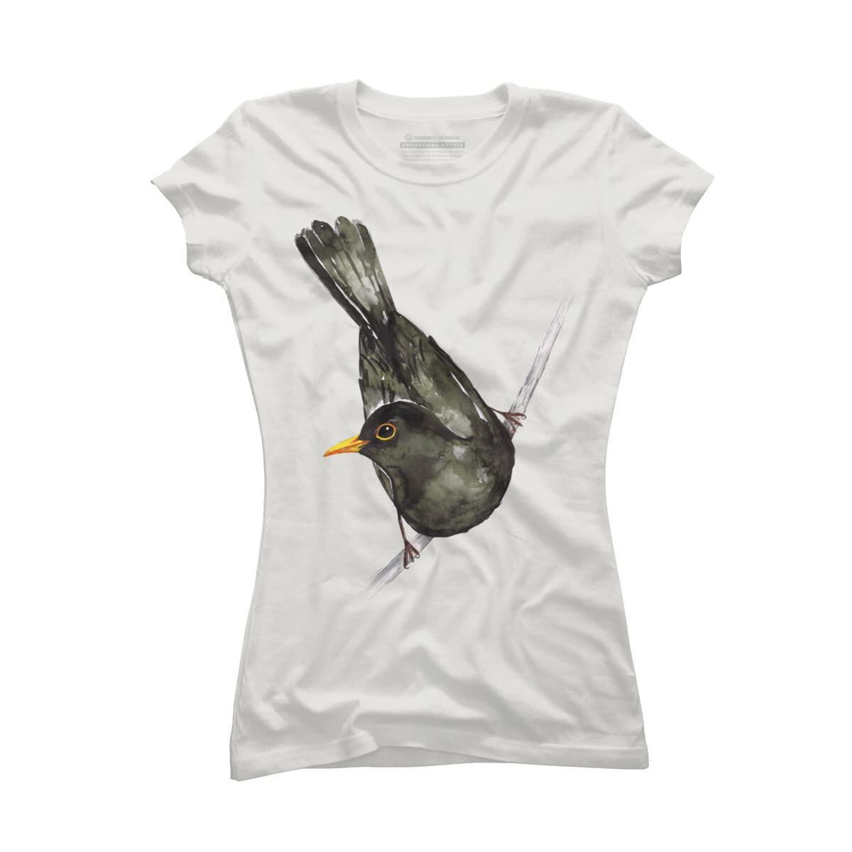 Design By Humans Junior's Blackbird Watercolor by Bwiselizzy Graphic T-Shirt - Soft Cotton Tee for Women - Perfect for Casual Wear, Street Style & Artistic Expression