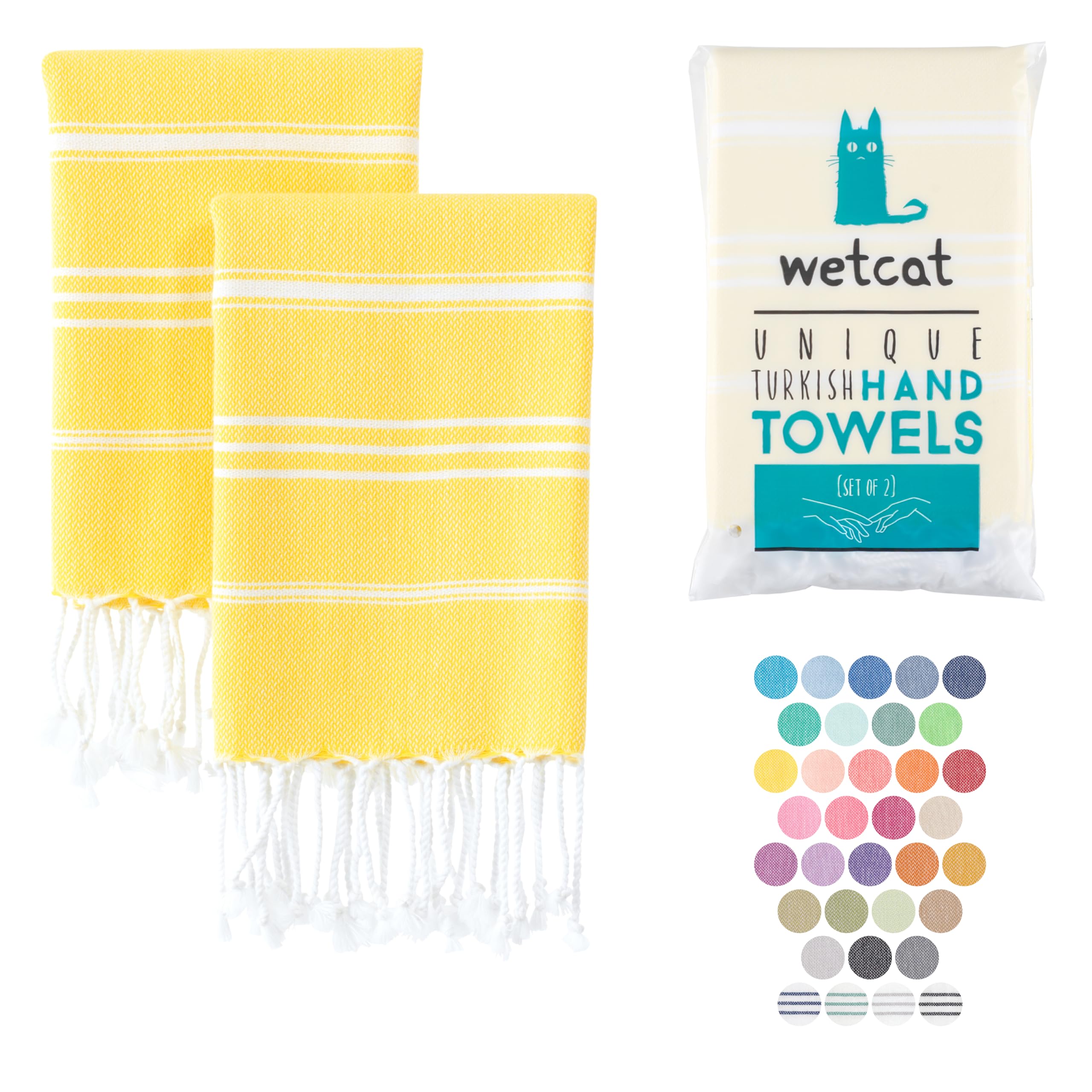 WETCAT Premium 100% Turkish Cotton Hand Towels with Hanging Loop - Set of 2 (20x30 Inches), Pre-Washed & Quick Dry - Soft Kitchen & Bathroom Towels for Dishes, Hands & Face - Yellow