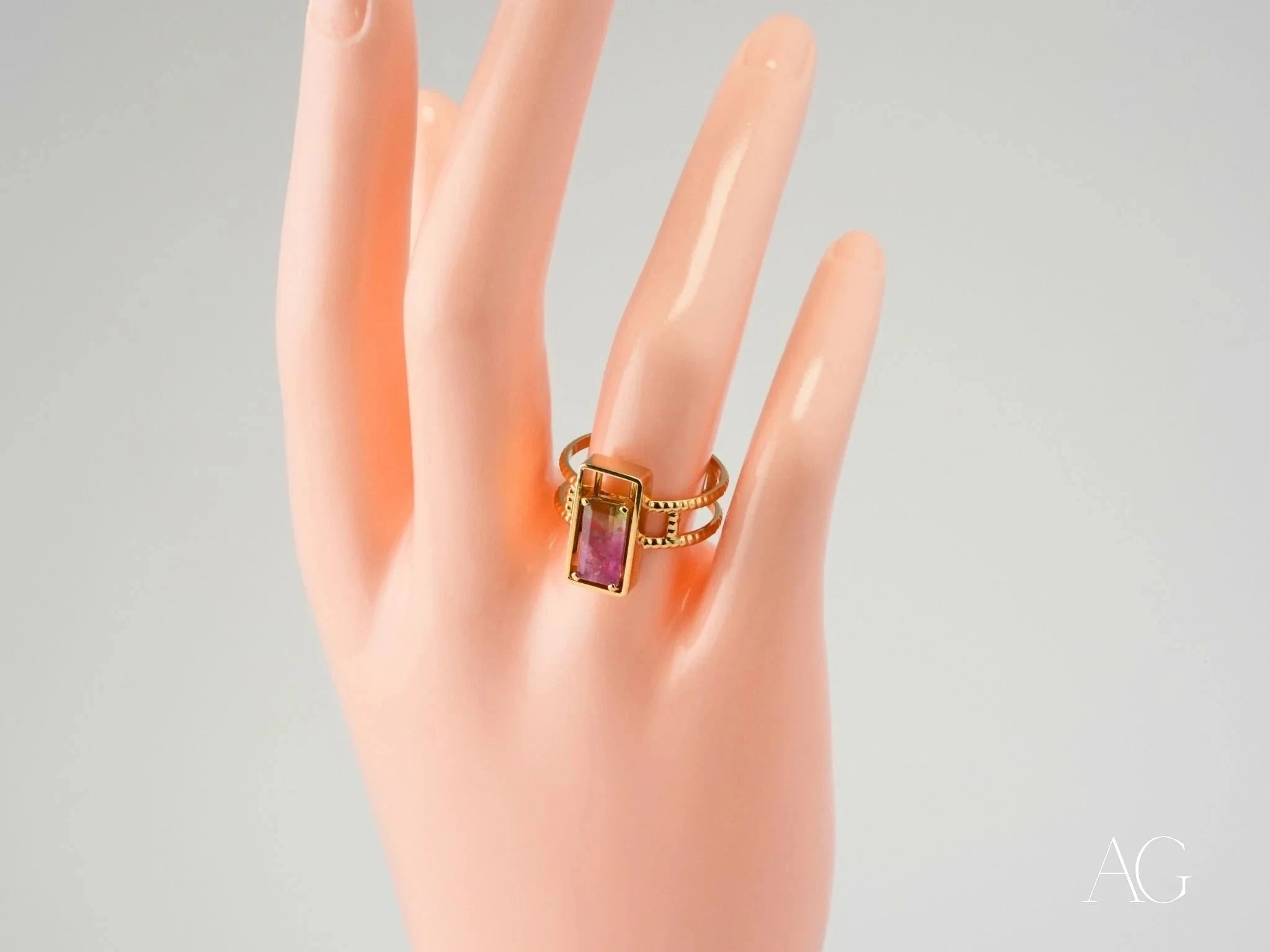 18K Yellow Gold Bi-Color Pink & Green Tourmaline Harmony Stone Ring | Elegant Gemstone Jewelry for Women | Perfect for Weddings, Anniversaries & Special Occasions