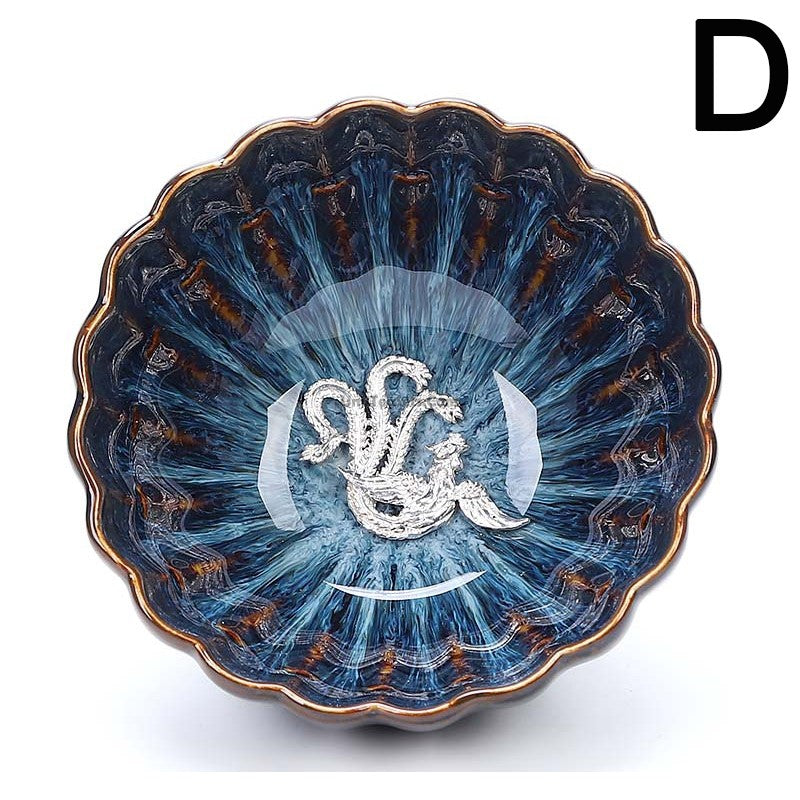Handmade Jianzhan Blue Glaze Gongfu Tea Cup - Authentic Japanese Style Ceramic Teacup with Sterling Silver Rim - Perfect for Matcha, Green Tea, and Tea Ceremonies