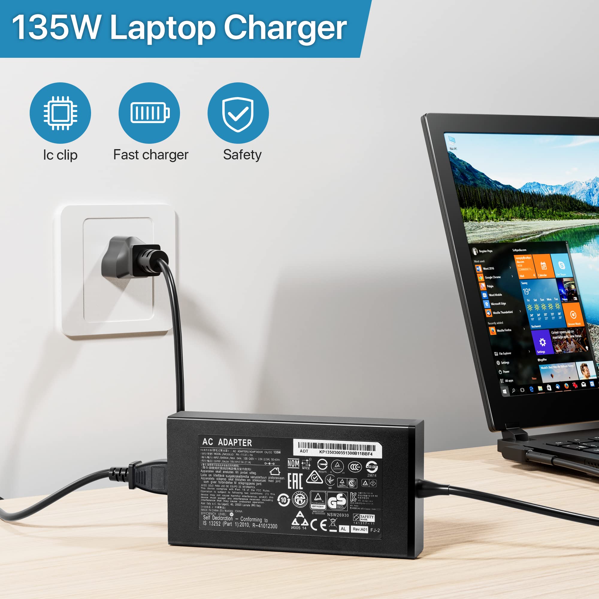 135W AC Adapter for Acer Nitro 5 Gaming Laptop - Replacement Charger Compatible with AN515-51/52/53/54/55/57, AN517-51, N18C3, N18C4 Series - Perfect for Gaming, Work & Travel Power Supply