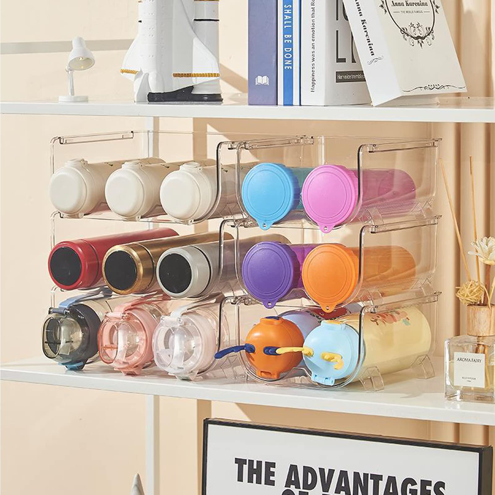 Stackable Plastic Water Bottle Organizer - 2 Compartment Kitchen Pantry & Refrigerator Storage Bin with Recessed Snap Design | Perfect for Countertop Organization, Fridge Storage & Small Space Saving Solutions