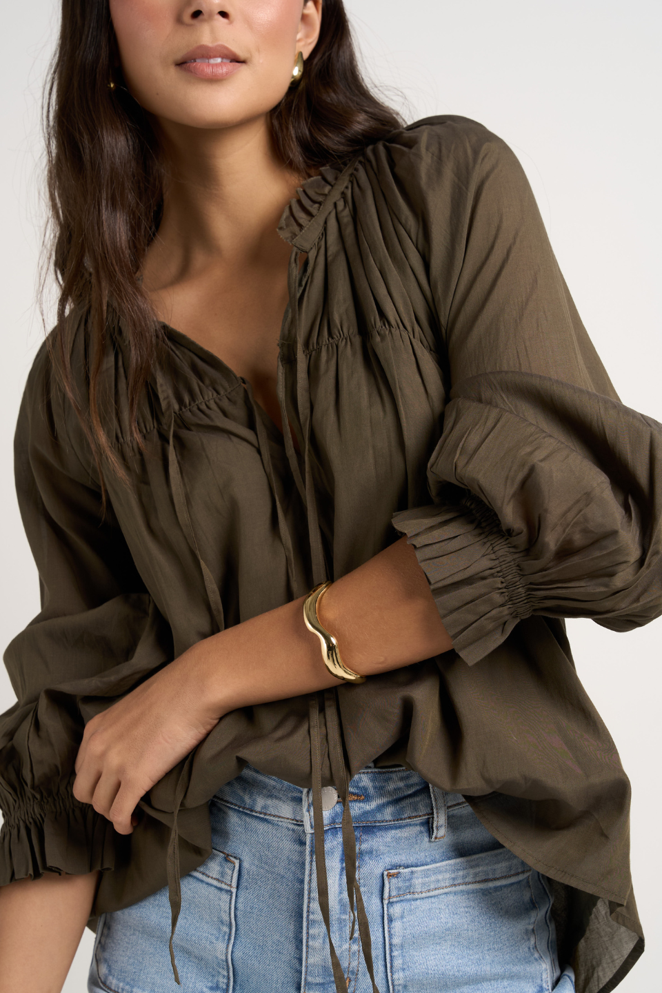 Artist Olive Voile Long Sleeve Tie Front Relaxed Gathered Blouse - Perfect for Casual Outings, Boho Chic Style & Layered Fall Fashion