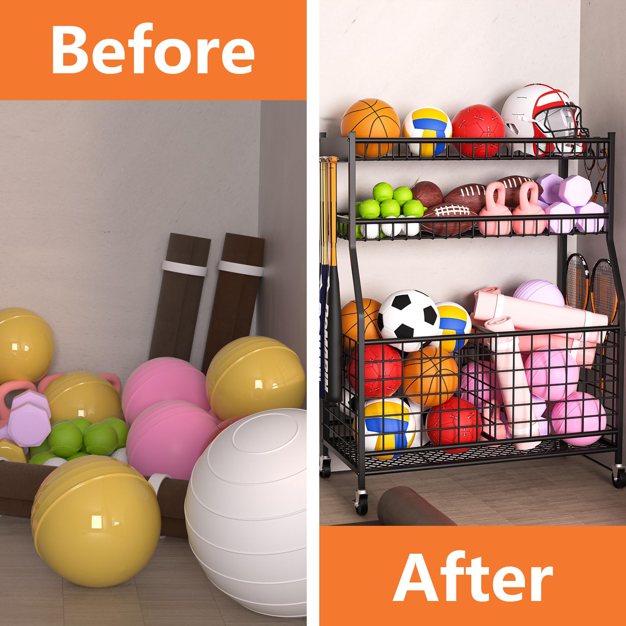 Sports Equipment Organizer - Heavy Duty Garage Storage Rack for Balls & Gear | Black Space-Saving Cart | Perfect for Basketball, Soccer & Baseball Organization