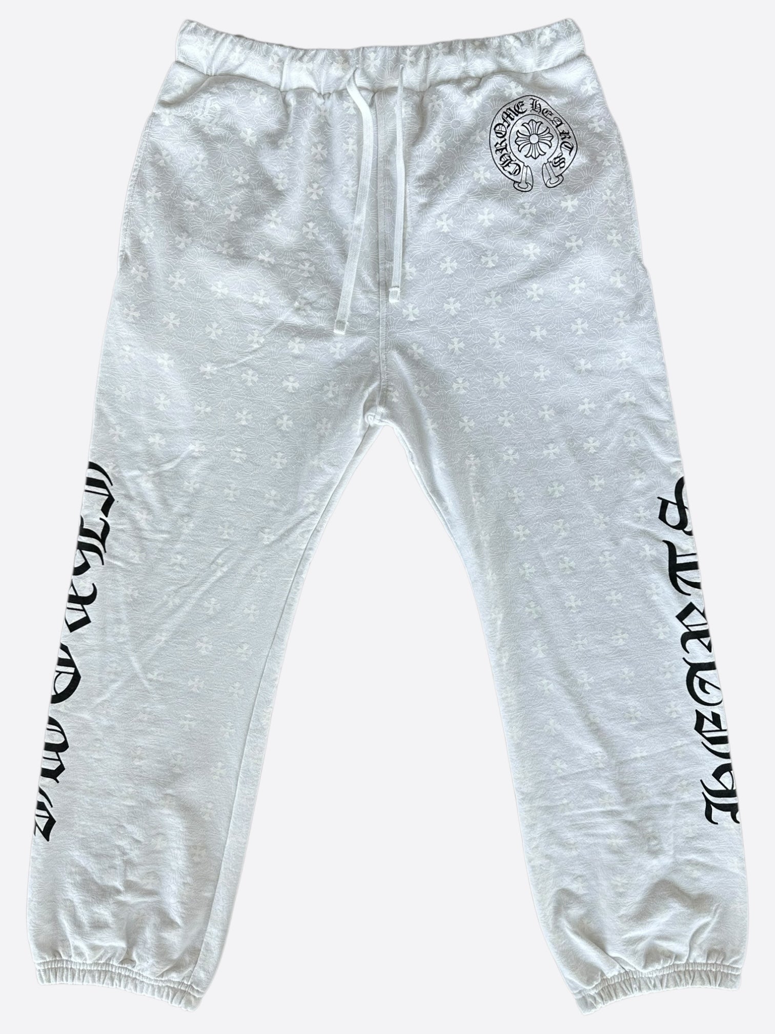Chrome Hearts White & Black Cross Jacquard Horseshoe Logo Sweatpants for Men | Luxury Gothic Streetwear | Perfect for Casual Wear & Hip-Hop Fashion
