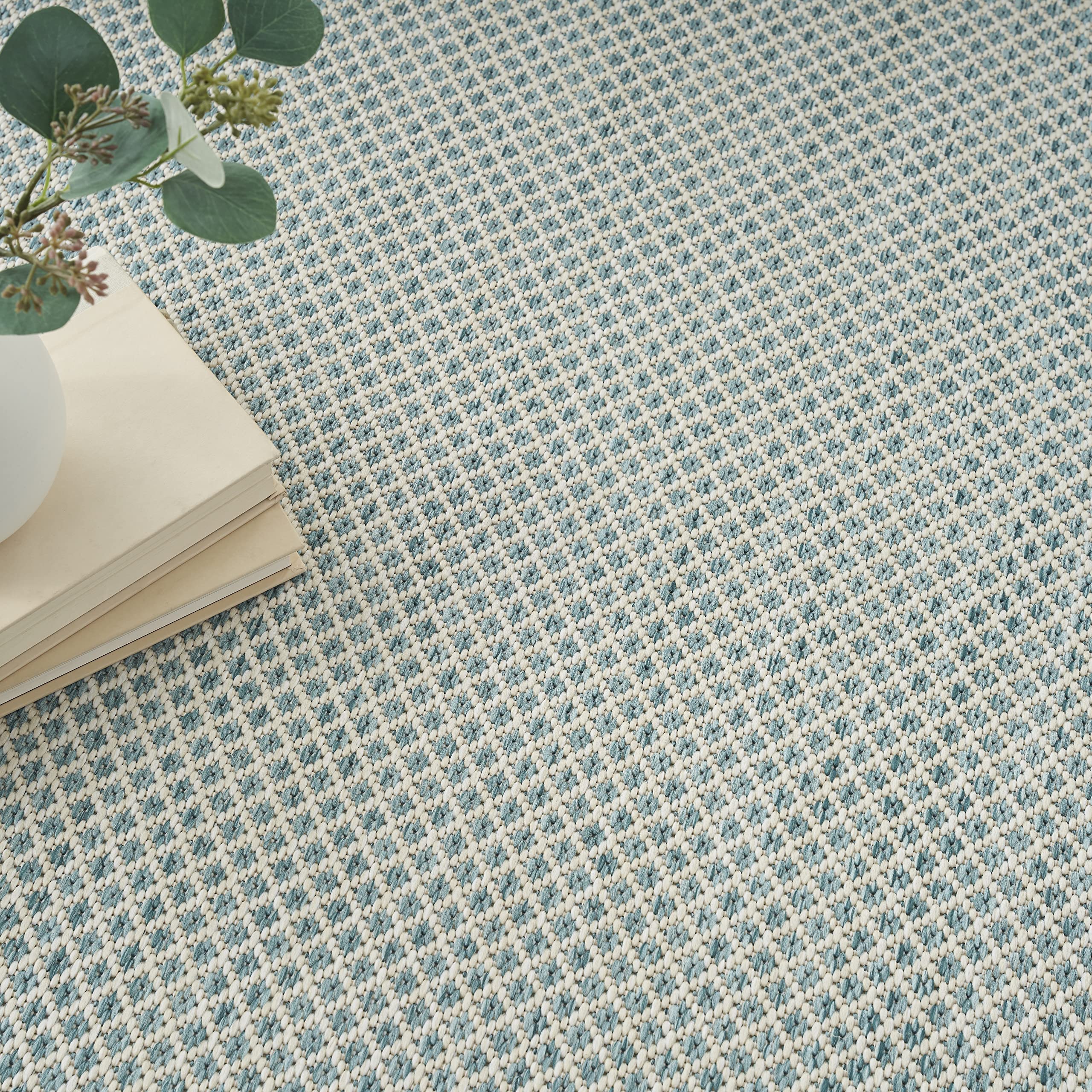 Nourison Courtyard 7' x 10' Indoor/Outdoor Area Rug - Ivory Aqua Geometric Design, Easy to Clean, Non-Shedding | Perfect for Bedroom, Living Room, Dining Room, Deck, Patio & Backyard (7x10)
