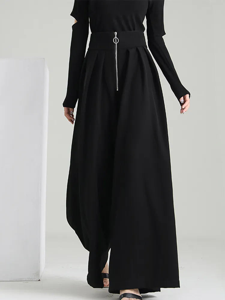 Black Patchwork Zipper Wide Leg Pants for Women - High Waist Loose Minimalist Trousers - Summer Casual Outfit for Streetwear & Office Wear