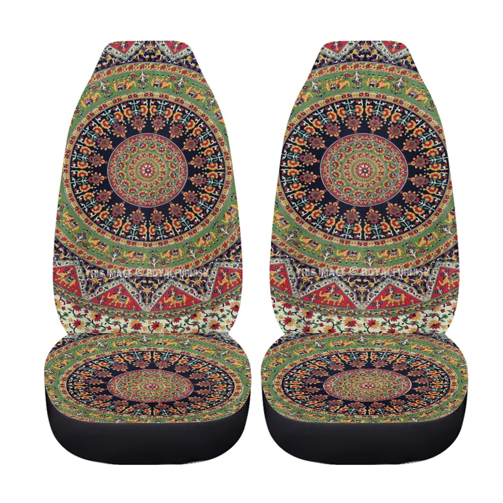 INSTANTARTS 2-Pack Boho Mandala Elephant Print Car Seat Covers - Universal High Back Bucket Seat Protectors for Front Seats Only | Durable Auto Interior Accessories for Cars, SUVs & Trucks | Perfect for Road Trips, Daily Commute & Family Travel