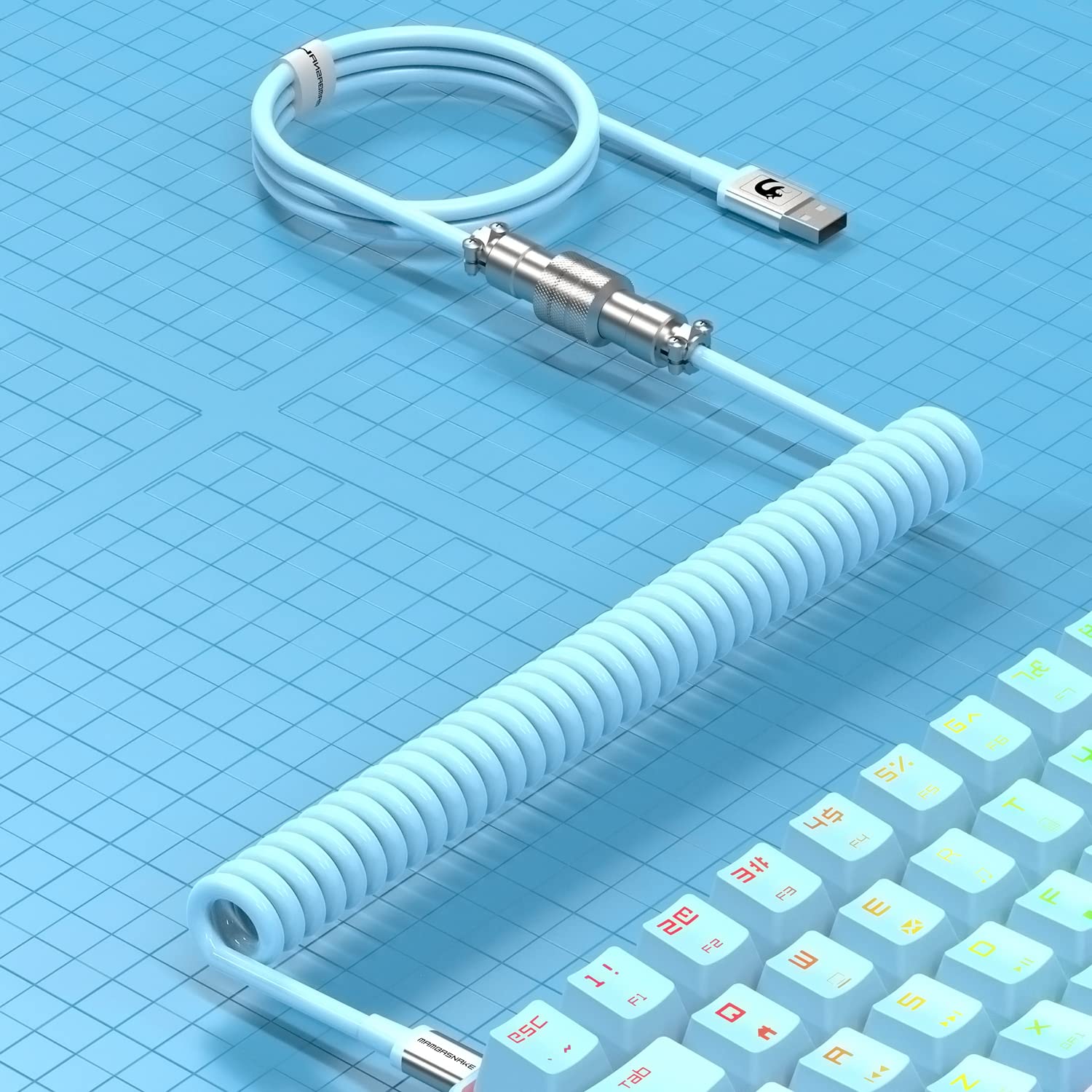 MAMBASNAKE C01 Spiral Keyboard Cable - Pro Custom Coiled USB-C to USB-A Cable for Mechanical Keyboards with Detachable Aviation Connector, TPU Braided Gaming Cable for PC Mac (Blue) - Perfect for Esports, Typing & Office Workstations