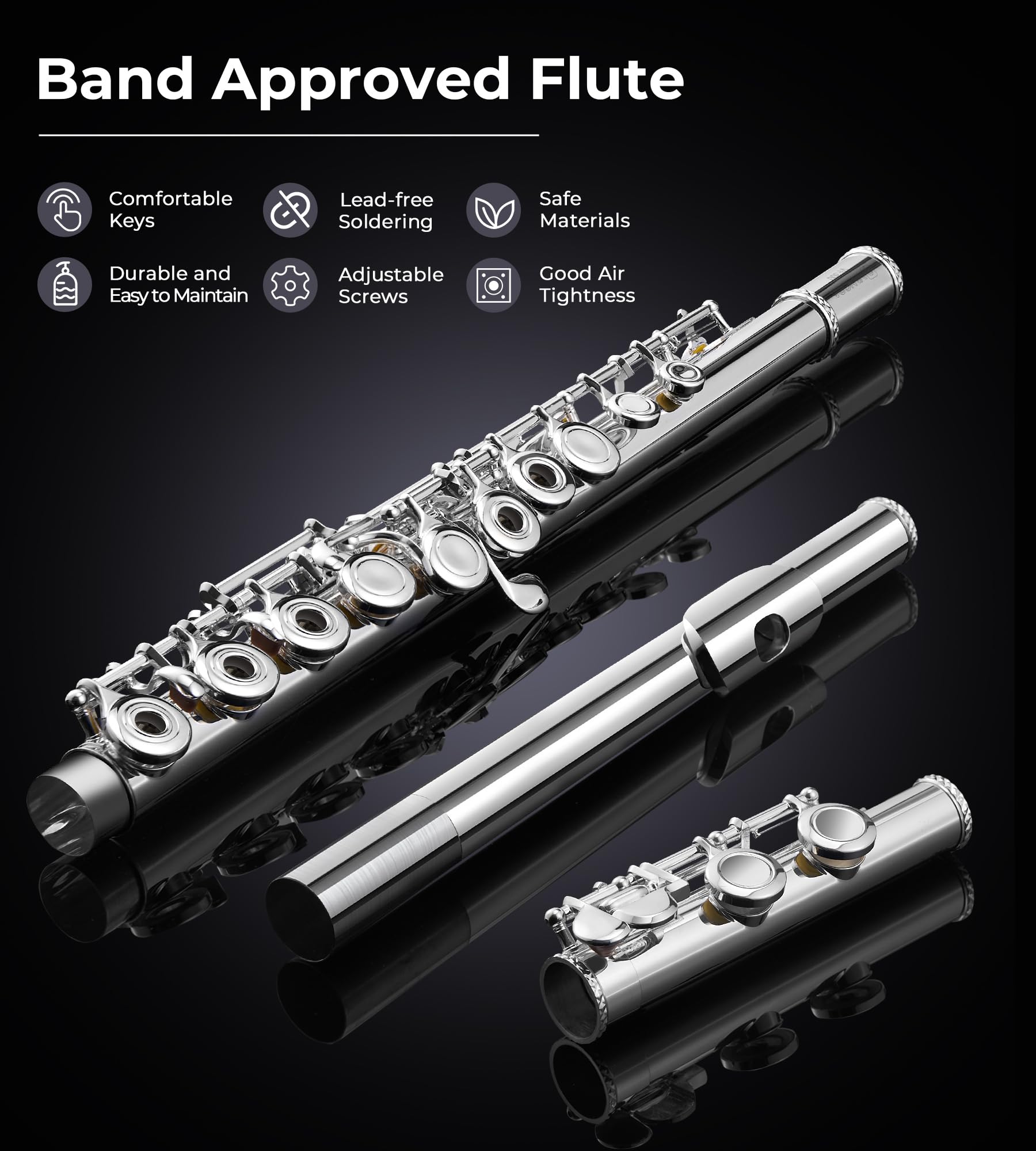 Vangoa 16-Key Silver Plated C Flute - Open/Closed Hole Student Flute for Beginners & Kids | Includes Hard Case, Cleaning Kit, Tuning Rod & Gloves | Perfect for School Band, Orchestra Practice & Music Lessons