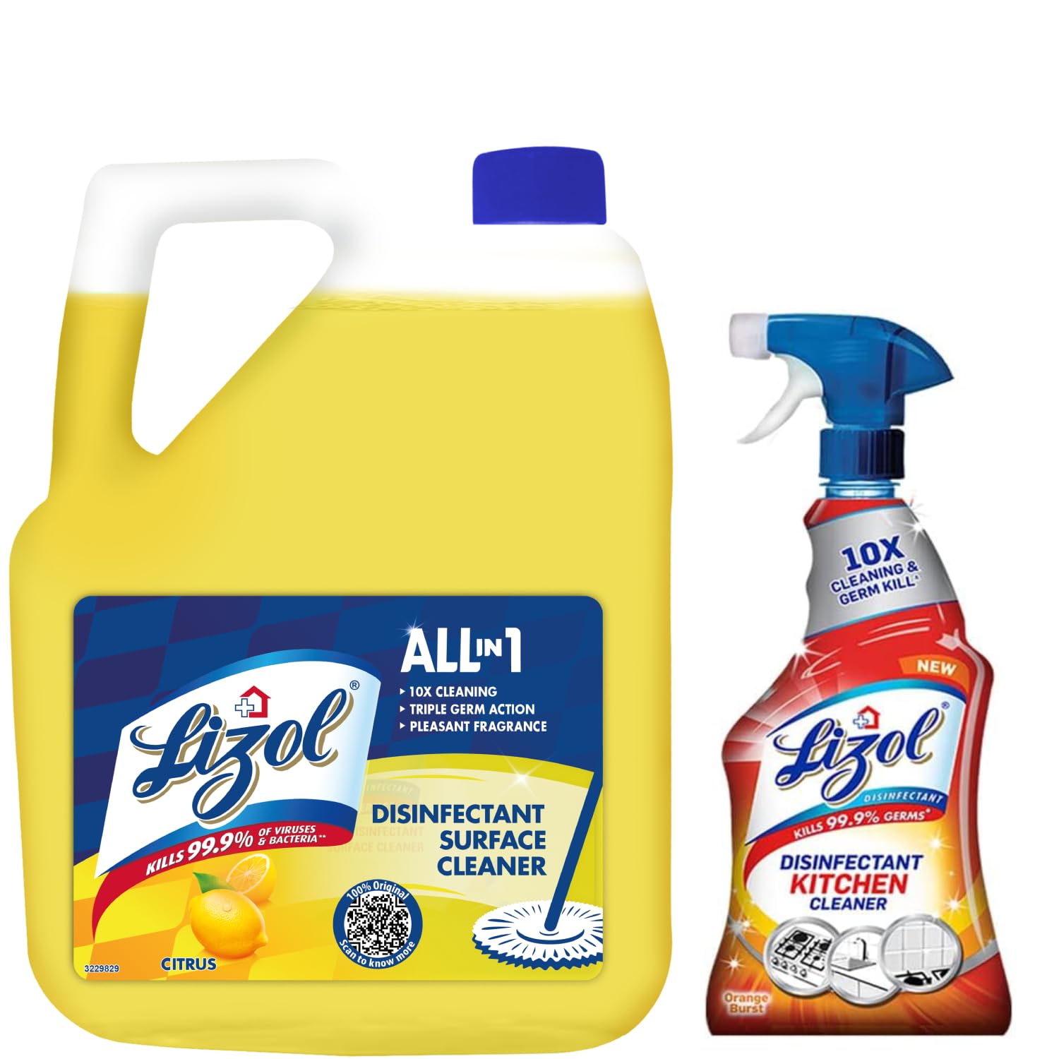 Lizol Disinfectant Surface Cleaner & Floor Cleaner Liquid, Citrus Scent - 5L Bottle + Kitchen Power Cleaner Spray - 450ml | Kills 99.9% Germs & Bacteria | Deep Cleans Stove, Chimney, Sink & Countertops | Ideal for Home, Kitchen & Bathroom Disinfection