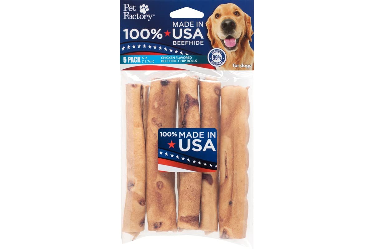 Pet Factory 100% Made in USA Beefhide 5-Inch Chip Rolls Dog Chew Treats - Chicken Flavor, 5 Count Pack | Natural Dental Care for Medium & Large Dogs | Perfect for Training Rewards & Anxiety Relief