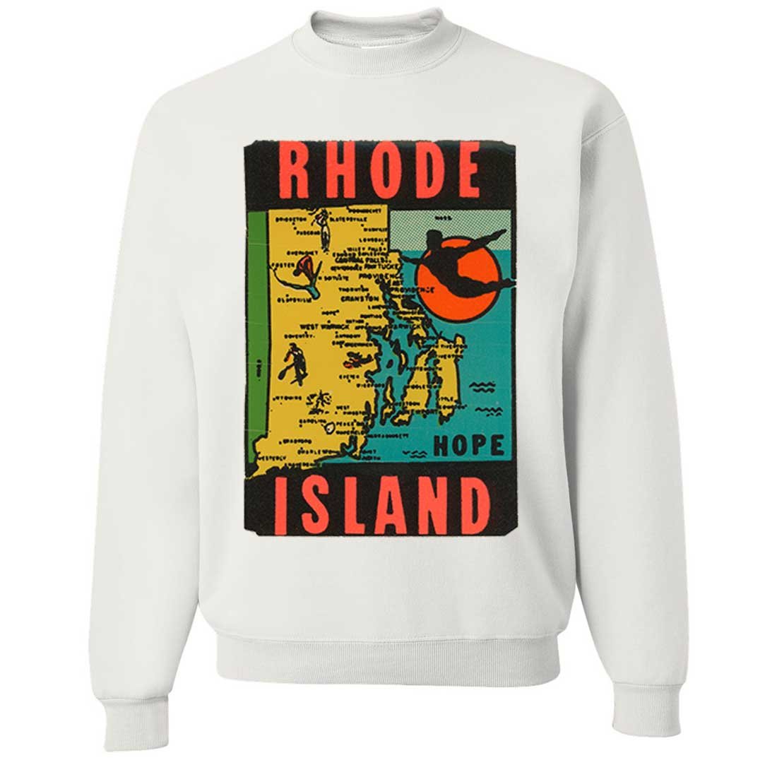 Vintage Rhode Island State Sticker Crewneck Sweatshirt - Unisex Casual Pullover for College, Road Trips & Retro Fashion Lovers