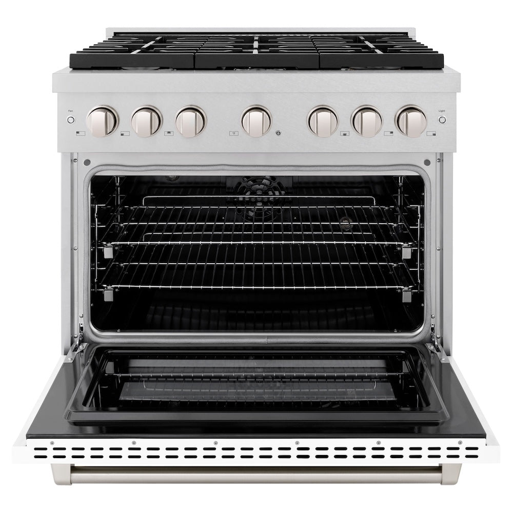 ZLINE 36 Inch 5.2 Cu. Ft. Paramount Dual Fuel Range - 6 Burner Gas Cooktop & Electric Convection Oven - Satin Stainless Steel with White Matte Door (SDRS WM 36) - Perfect for Modern Kitchens & Professional Chefs