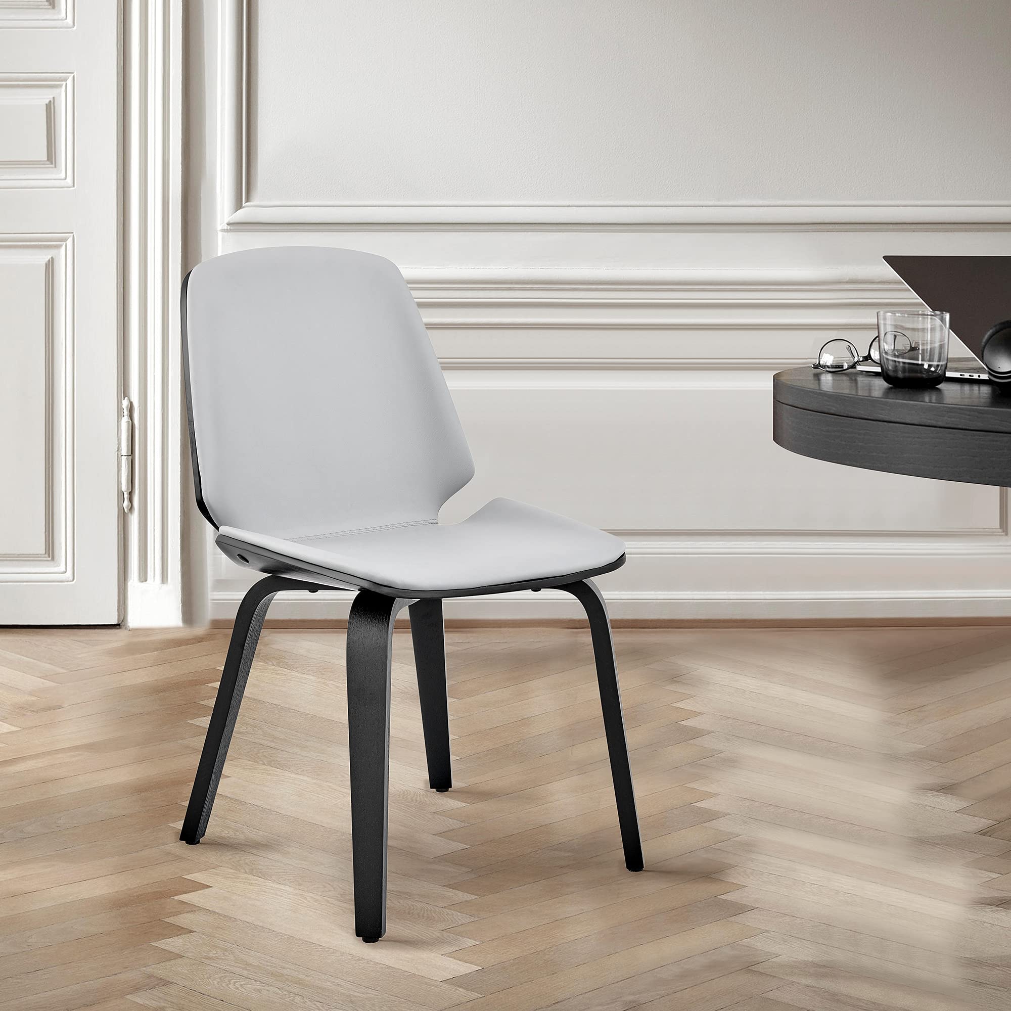 Armen Living Brinley Mid Century Modern Dining Chair - Gray Faux Leather & Black Wood Accent Side Chair for Kitchen, Table, Desk, Vanity | Perfect for Dining Rooms, Home Offices & Bedroom Makeup Areas