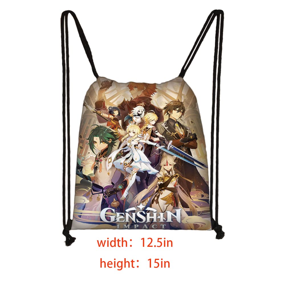 Genshin Impact Merchandise Gift Set - Anime Drawstring Backpack, 50 Cartoon Stickers, Lanyard, Keychains, Bracelets, Button Pins for Fans | Perfect for Cosplay, Conventions & Gaming Collectors