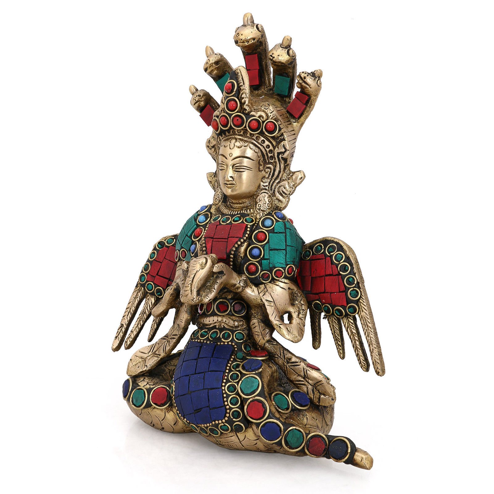 Turquoise Nag Kanya Mansa Devi Handmade Brass Sculpture - Snake Goddess Statue Idol for Home Altar, Feng Shui Gifts, Spiritual Decor & Meditation Space Enhancement