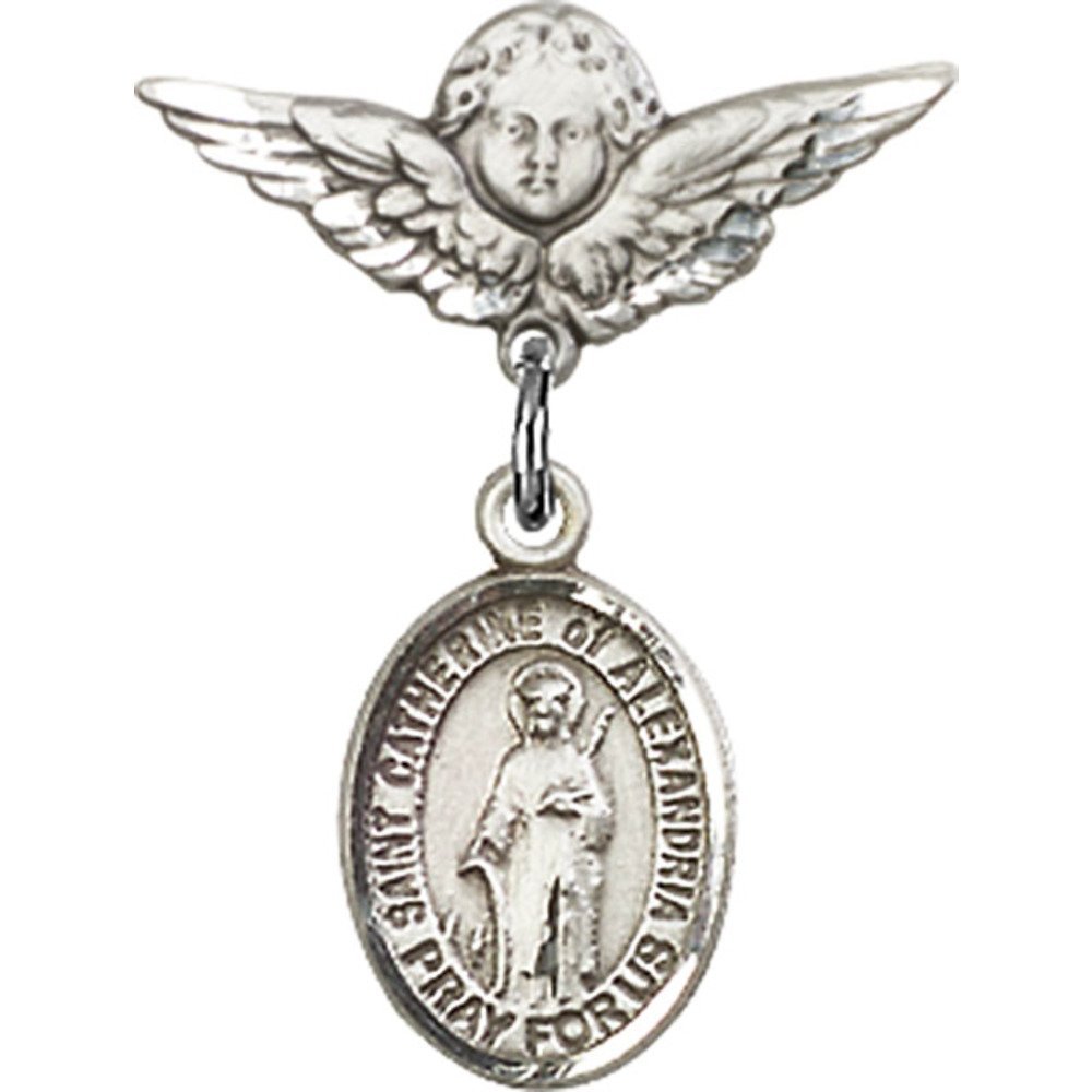 St. Catherine of Alexandria Sterling Silver Baby Badge with Angel Wing Charm - 7/8 X 3/4 Inch Religious Pin for Christening, Baptism & First Communion Gifts