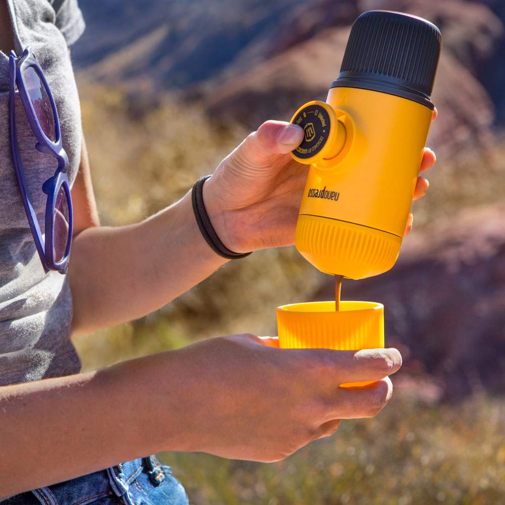 WACACO Nanopresso Portable Espresso Maker - 18 Bar Pressure Manual Coffee Machine for Travel, Camping & Hiking | Upgrade Version of Minipresso | Compact & Lightweight | Perfect for Outdoor Adventures, Office & Home Use | Yellow