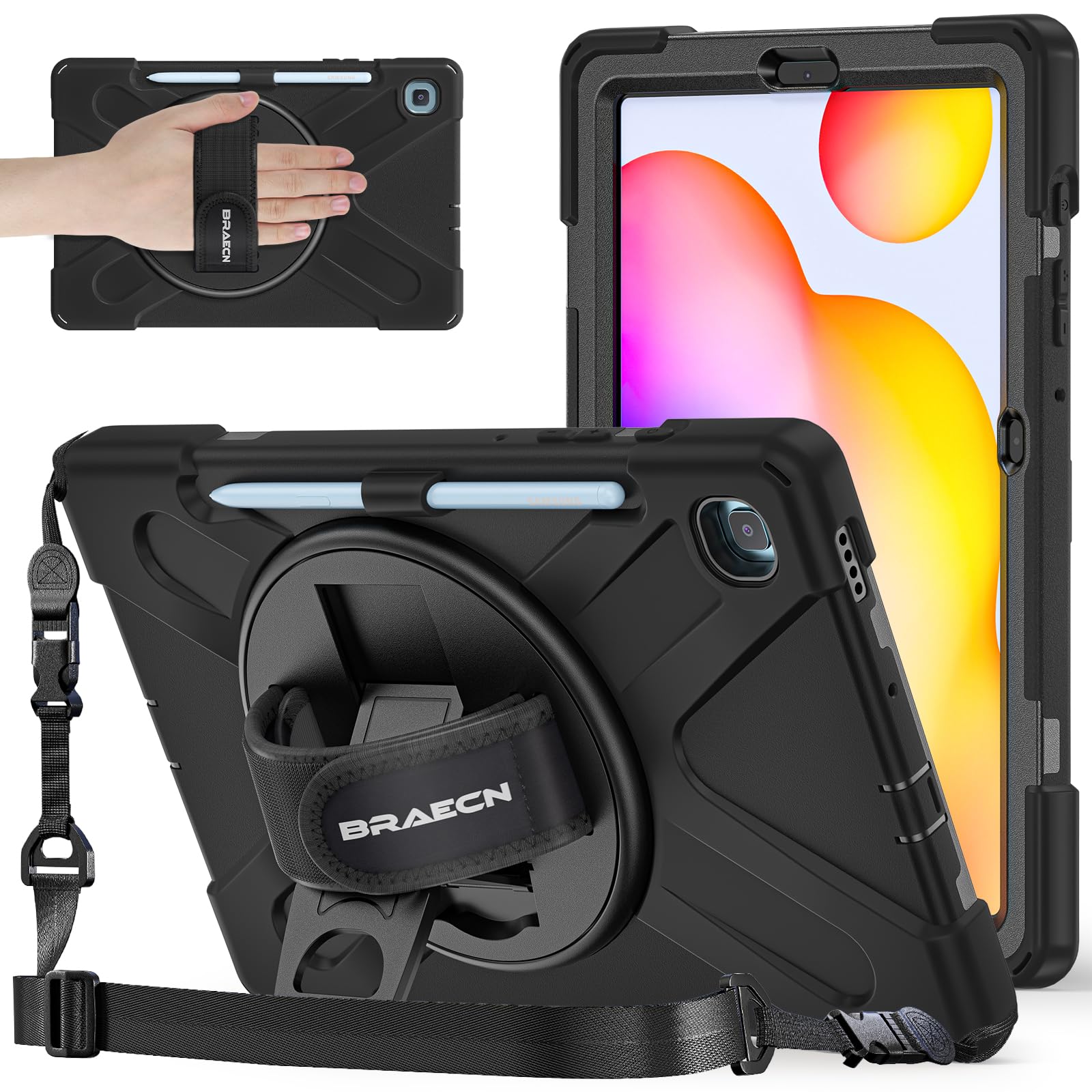 BRAECN Shockproof Rugged Case for Samsung Galaxy Tab S6 Lite 10.4 Inch (2024/2022/2020 Models SM-P620/P610/P619) - Protective Kids Tablet Cover with Pencil Holder, Rotating Stand & Hand Strap - Black | Perfect for School, Travel & Outdoor Use