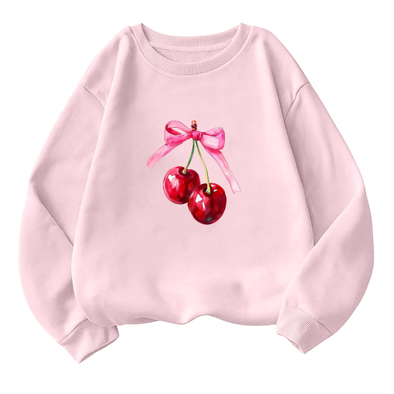 Women's Akklian Cute Cherry Bow Print Oversized Sweatshirt - Kawaii Long Sleeve Pullover for Teen Girls, Preppy Pink Loose Fit, Perfect for Casual Outings and Cozy Days