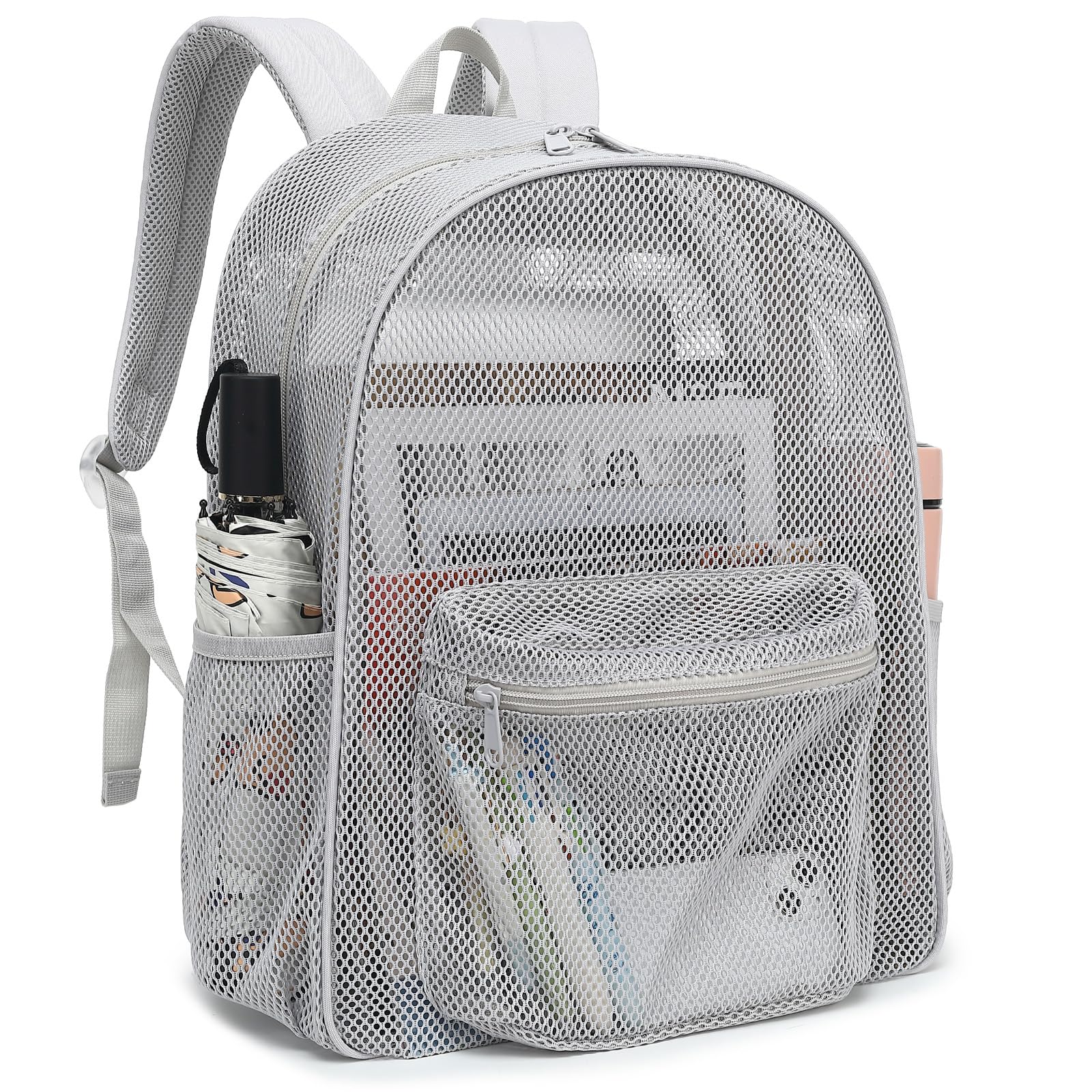 Fuyicat Light Grey Mesh Backpack for Women & Girls - Breathable Semi-Transparent School Backpack, See-Through Bookbag for Beach, Travel, Gym and Daily Use