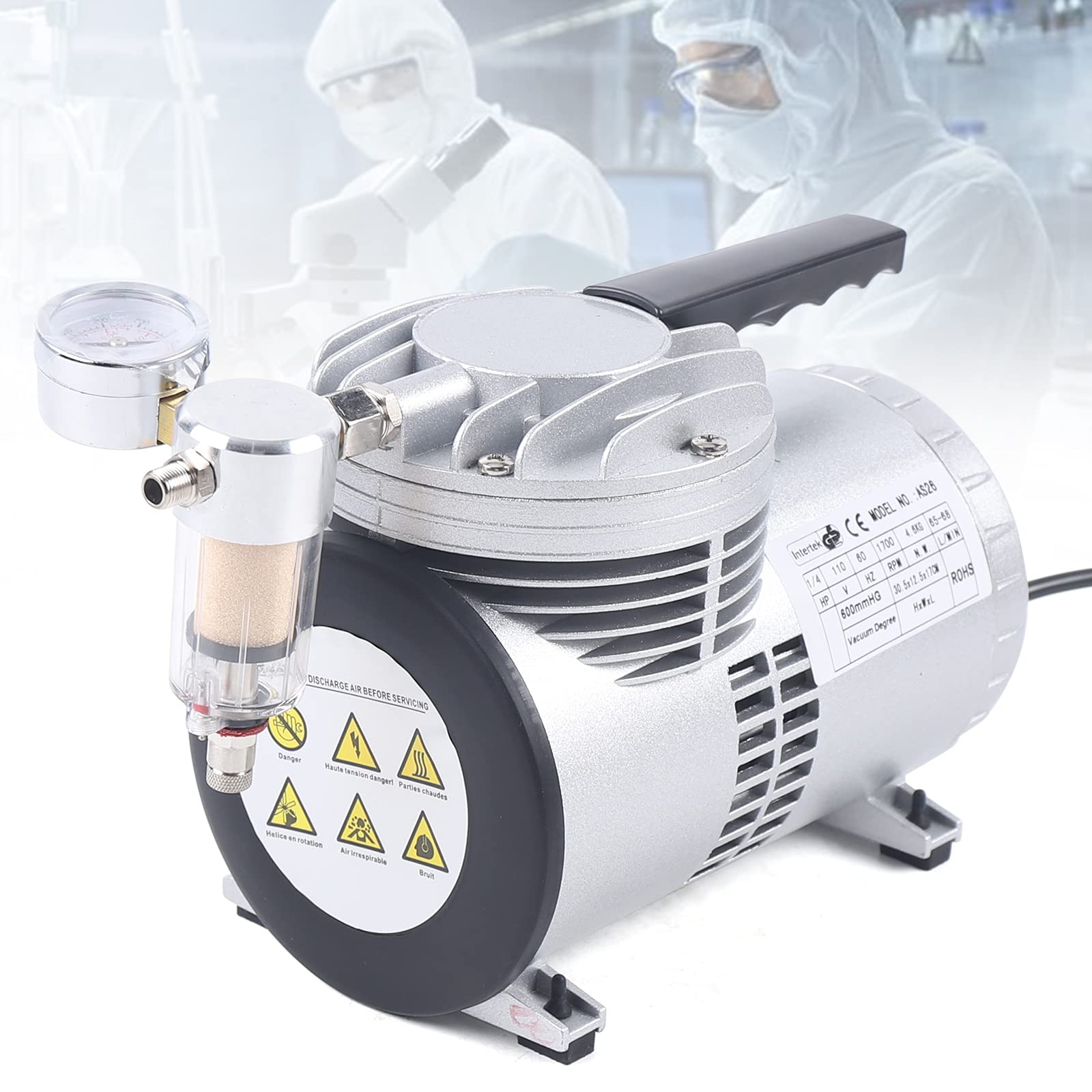 10V Oil-Free Diaphragm Vacuum Pump 1/6HP 20-23L/min 1450-1700 RPM Quiet High Vacuum Piston Compressor with US Plug - Ideal for Food Packaging, Handicrafts, Laboratories & Dental Applications