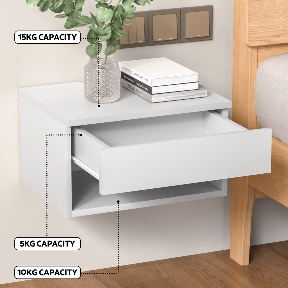 Floating Bedside Table Nightstand - White Wooden Shelf for Bedroom, Living Room, Office | Space-Saving Modern Design for Small Spaces