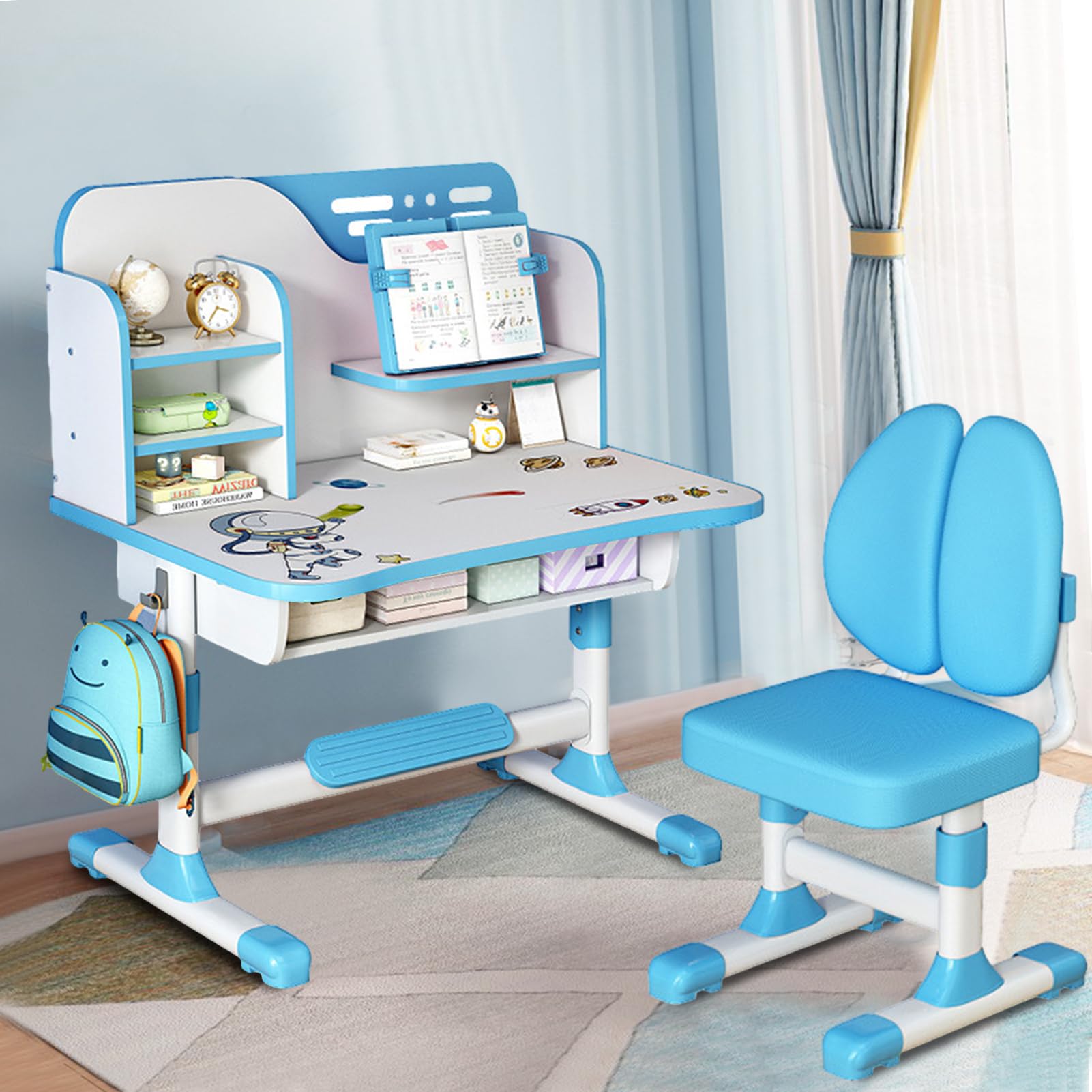 Adjustable Kids Study Desk and Chair Set - Ergonomic Children's School Furniture with Writing Board, Bookshelf & Storage Drawer (Blue) - Perfect for Homework, Online Learning & Bedroom Organization