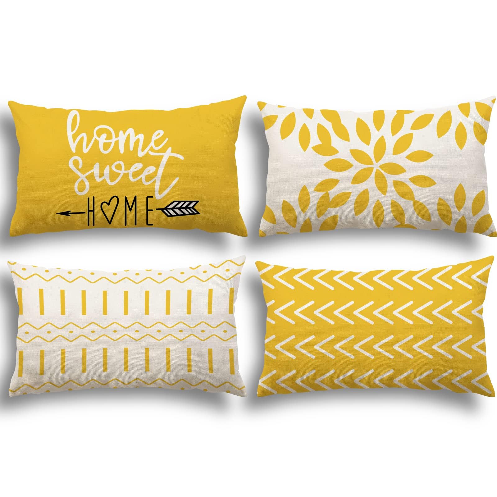 YCOLL Lumbar Pillow Covers 12x20 (Set of 4) - Modern Sofa Throw Pillow Cases, Decorative Outdoor Linen Fabric Cushion Covers for Couch, Bed & Car - Yellow | Perfect for Living Room Decor, Patio Furniture & Travel Comfort