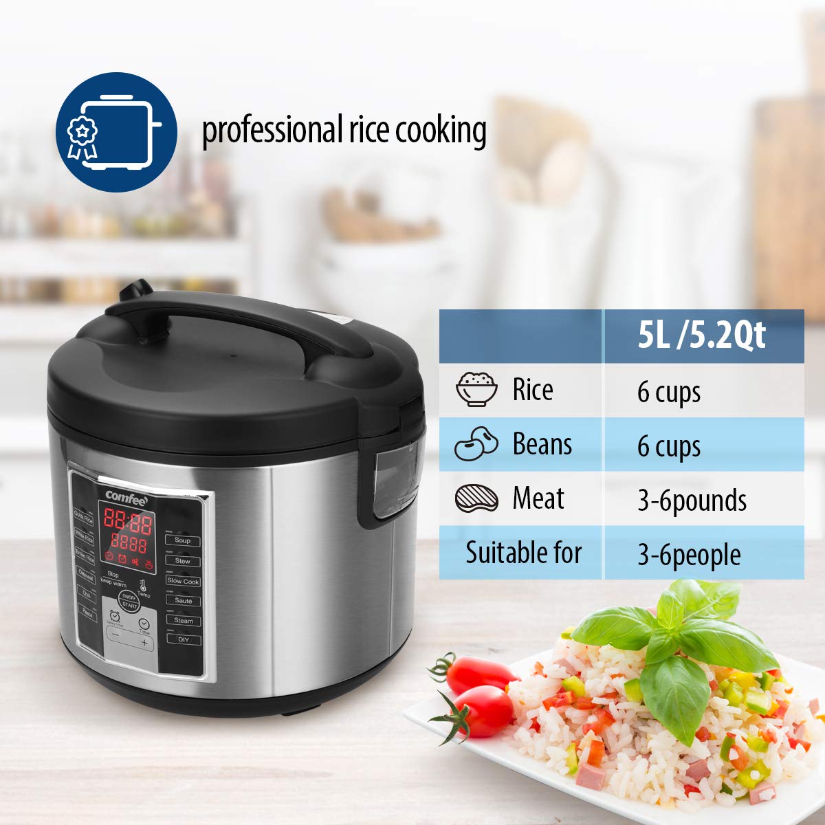 COMFEE' 10-Cup Multi-Functional Rice Cooker with 12 Digital Programs & 24-Hour Timer - Slow Cooker, Steamer & Sauté Pan for Perfect Rice, Soups & Meals - Ideal for Family Dinners & Meal Prep