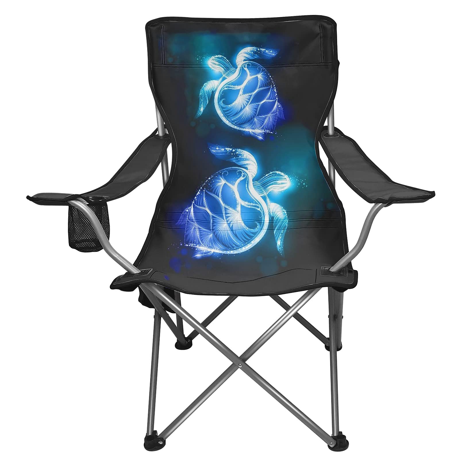 FOR U DESIGNS Oversized Portable Camping Chair with Adjustable Armrests & Cup Holder - Heavy Duty Folding Beach Chair for Adults, Blue Neon Sea Turtle Print - Perfect for Outdoor Camping, Picnics, Beach Trips and Backyard Relaxation