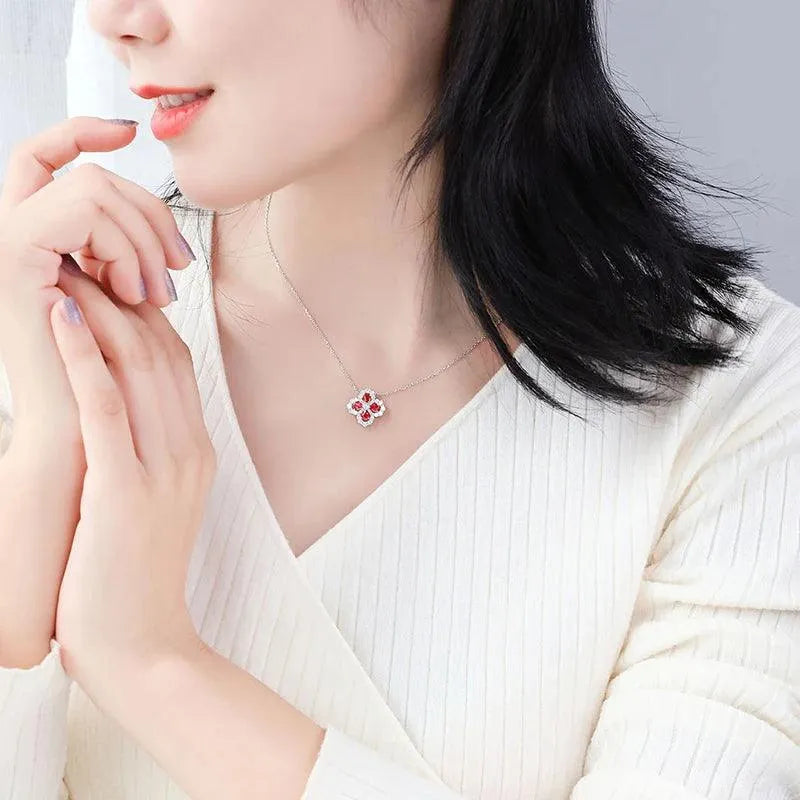14K White Gold Natural Ruby & Sapphire Four Leaf Clover Diamond Pendant Necklace - Elegant Jewelry Gift for Wedding, Anniversary & Special Occasions | Perfect for Romantic Gifts, Bridal Jewelry & Everyday Luxury Wear