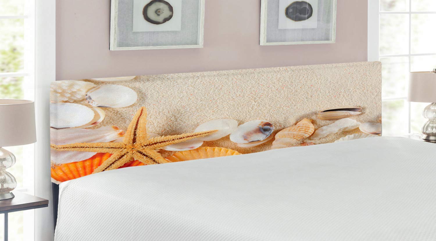 Ambesonne Seashells Upholstered King Size Headboard - Decorative Metal Bed Frame with Memory Foam, Beige Ivory Cream | Coastal Bedroom Decor, Romantic Beach Theme Master Bedroom