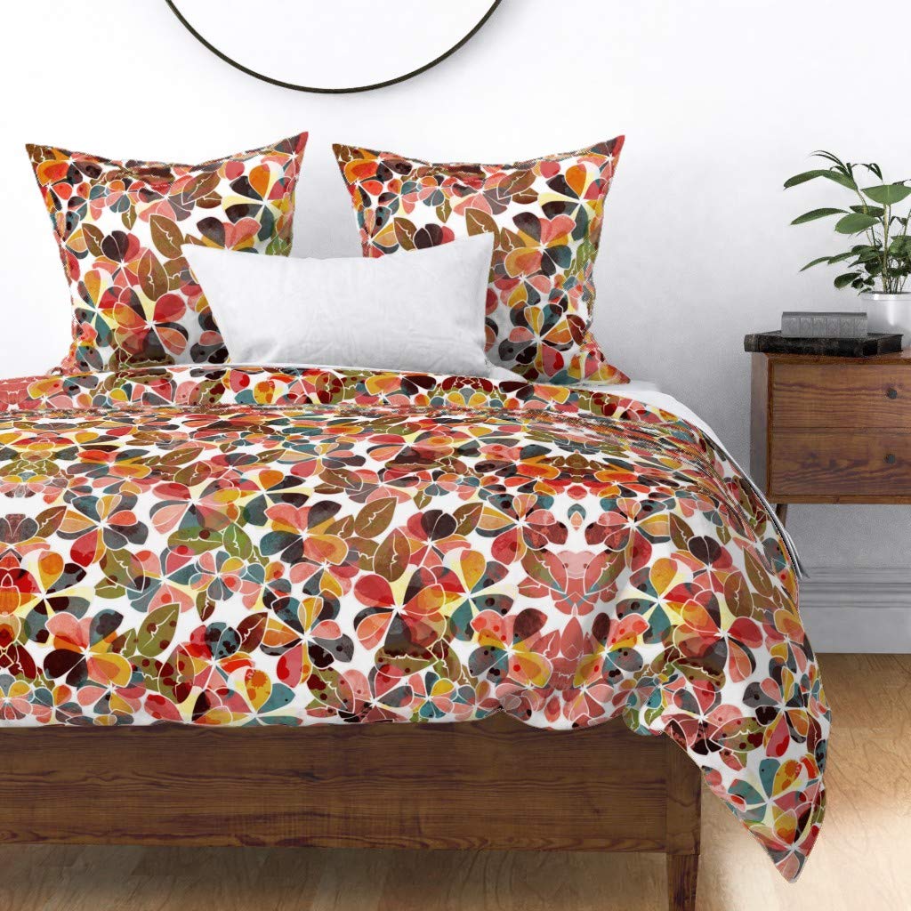 Premium Spoonflower Cotton Sateen Duvet Cover - Full/Queen Size with Vibrant Floral Botanical Jungle Print | Midcentury Modern Abstract Design | Custom Bedding for Spring & Summer Decor | Perfect for Master Bedroom, Guest Room & Bohemian Home Styling