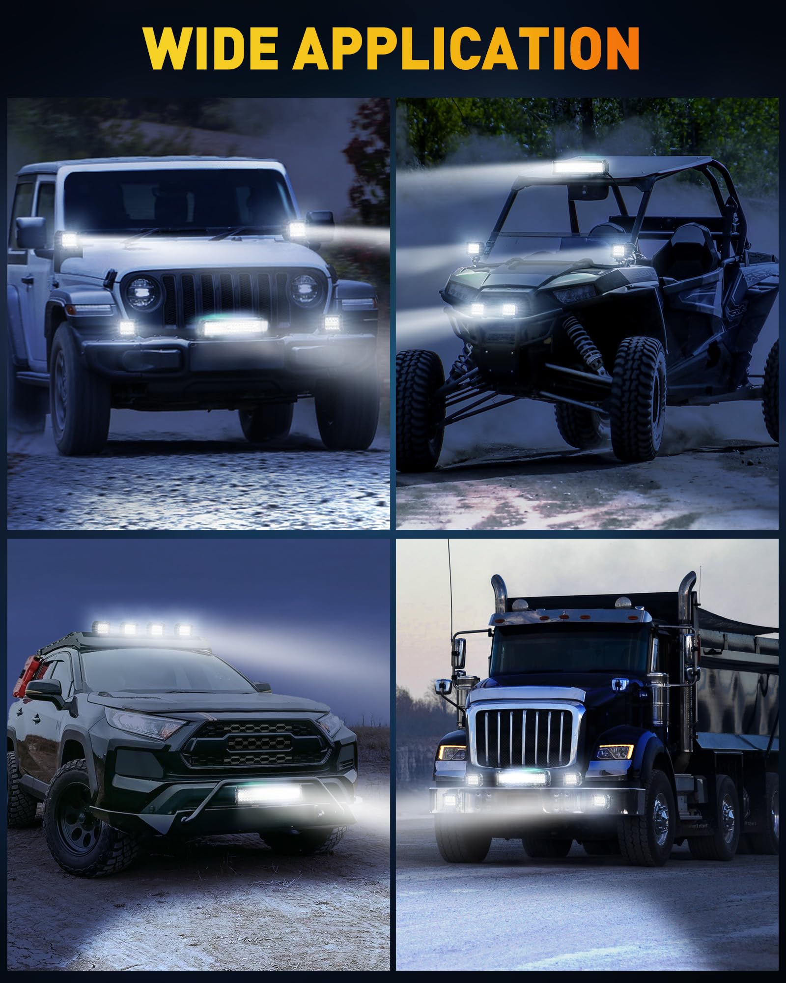 NAOEVO 12 Inch LED Light Bar with 4PCS 4 Inch LED Pod Lights - 54000LM Super Bright LED Fog, Driving & Off Road Lights - Triple Row Spot Flood Combo for Truck, Car, UTV, ATV & Boat - Durable & Waterproof for Off-Roading, Camping & Night Driving - 1 Year Warranty