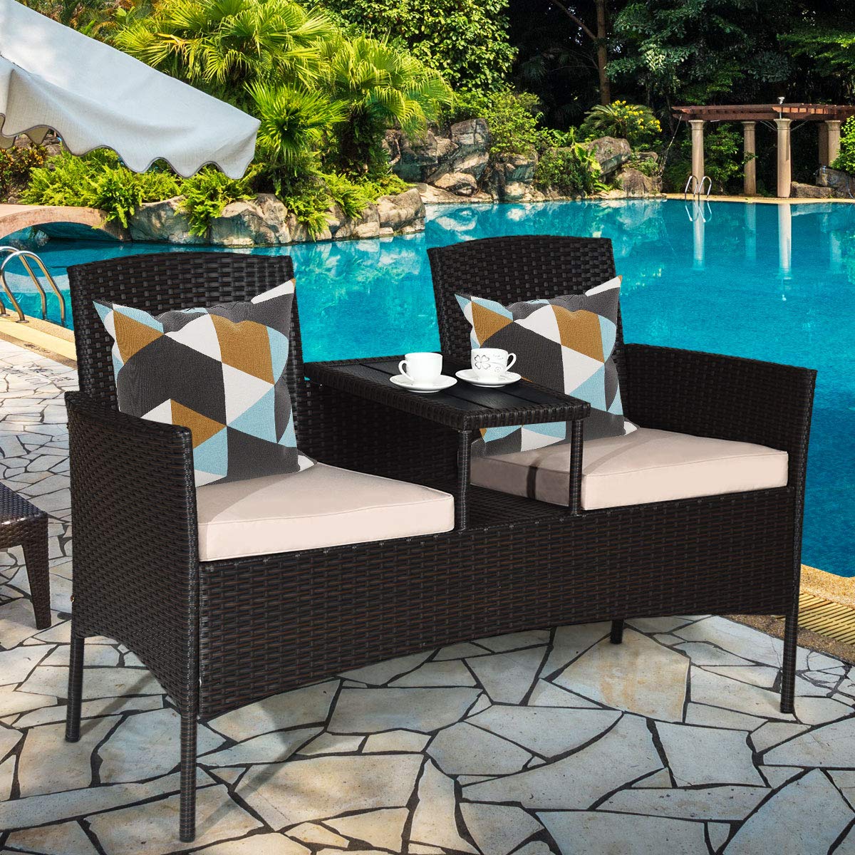 Modern Moccha Wicker Patio Conversation Set with Removable Beige Cushions & Coffee Table - Outdoor Rattan Loveseat Sofa Set for Garden, Lawn, Backyard - Durable Plastic Table Top - Perfect for Relaxing, Entertaining & Outdoor Dining