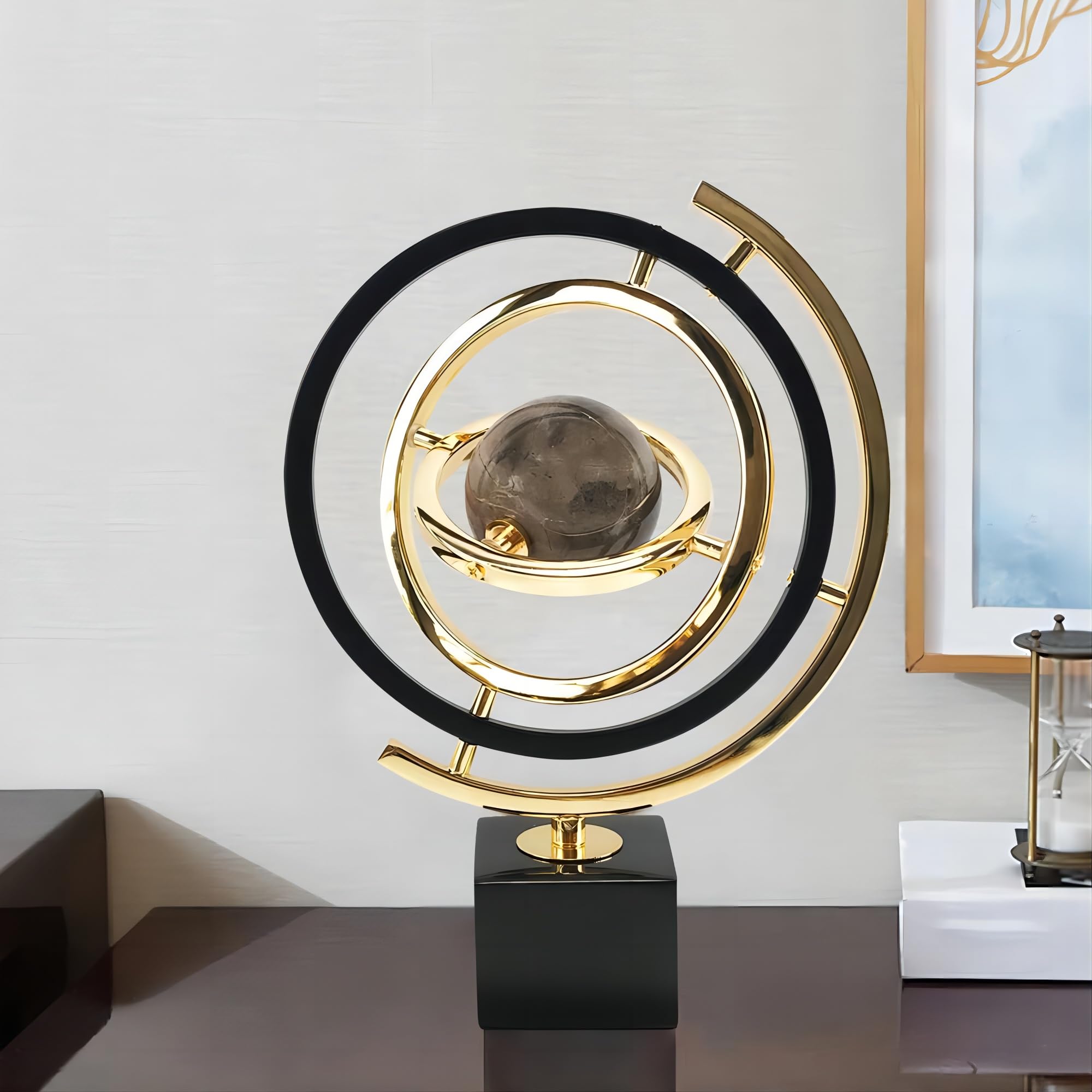 Homary Modern Abstract Metal Globe Sculpture with Rectangle Stand - Black & Gold Art Decor for Living Room, Office & Home Interior Design