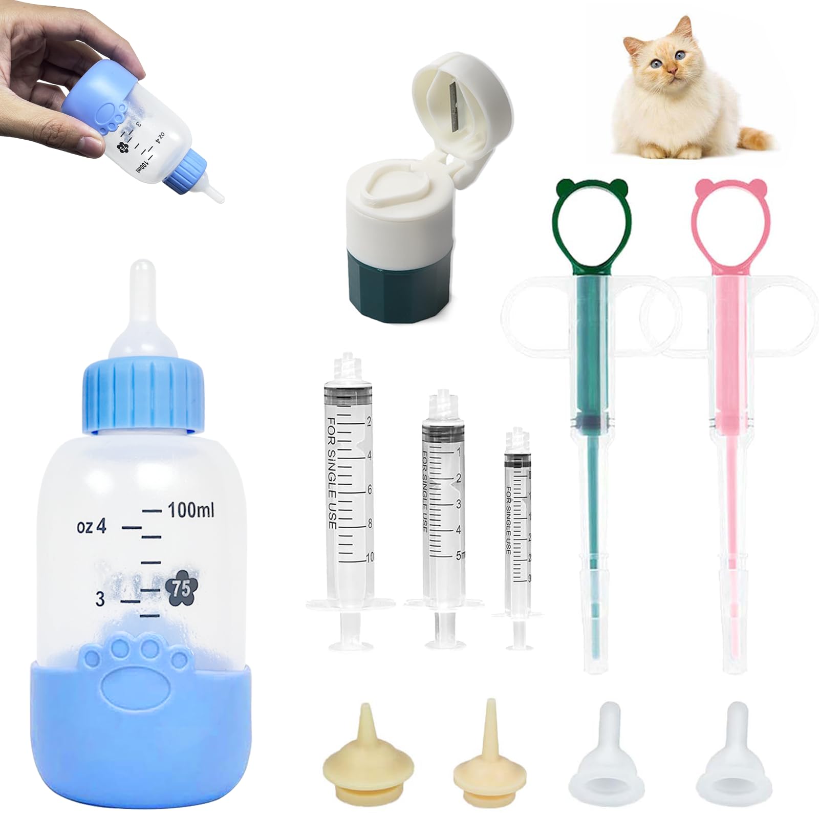 Premium Kitten Bottle Feeding Kit - Complete Set with Kitten Bottle, Liquid Syringe, Cat Pill Shooter, Pill Grinder & Reusable Silicone Nipple - Essential for Hand-Feeding Newborn Kittens, Sick Cats & Small Pets - Perfect for Rescue, Weaning & Medication Administration