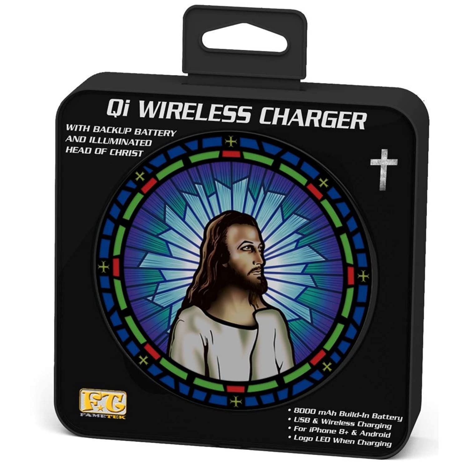 Jesus Christ Wireless Charger with Backup Battery - Fast Charging for iPhone & Android | Portable Phone Charger with Stained Glass Design | Perfect Christian Gift for Baptism, Confirmation & Bible Study