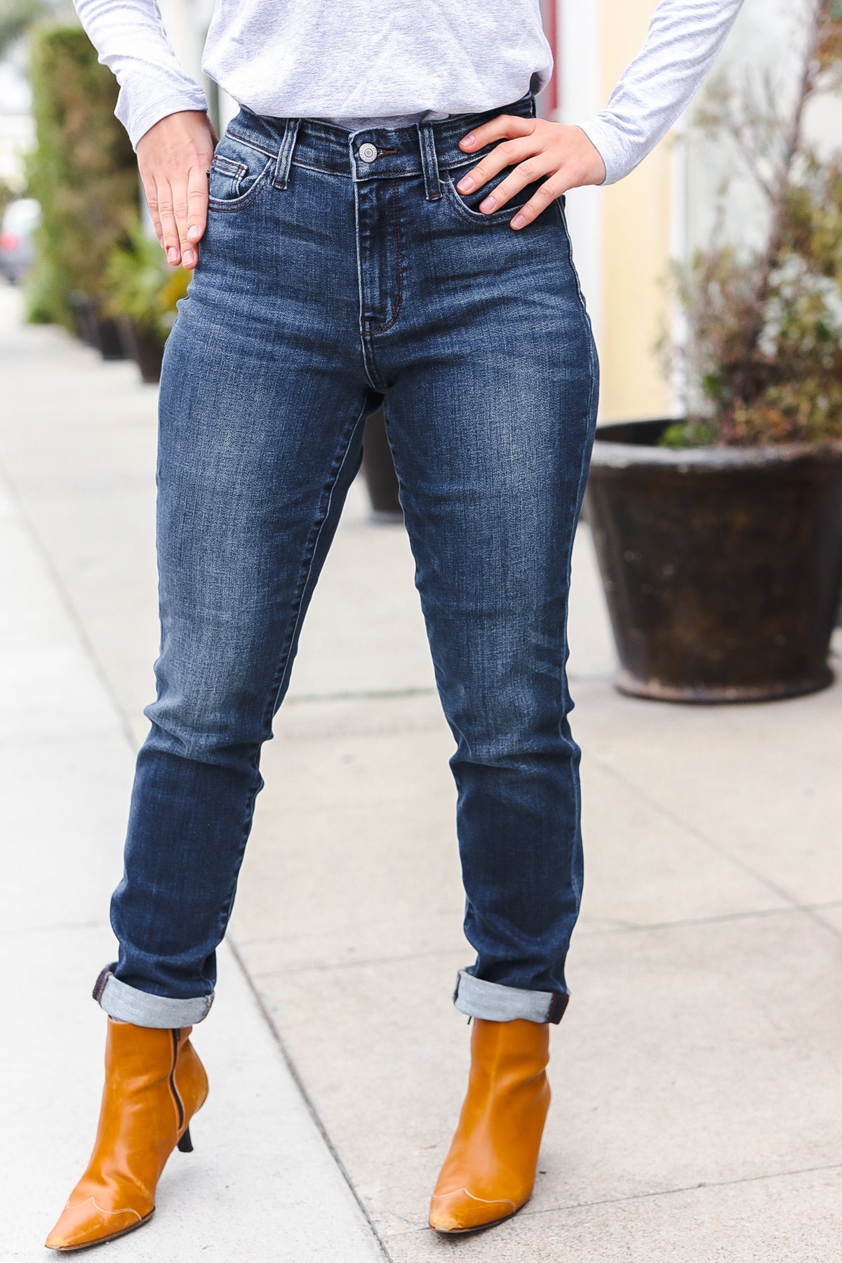 Judy Blue Dark Wash Mid Rise Cuffed Slim Fit Jeans for Women | Comfortable Stretch Denim Pants | Perfect for Casual Wear, Office & Date Night